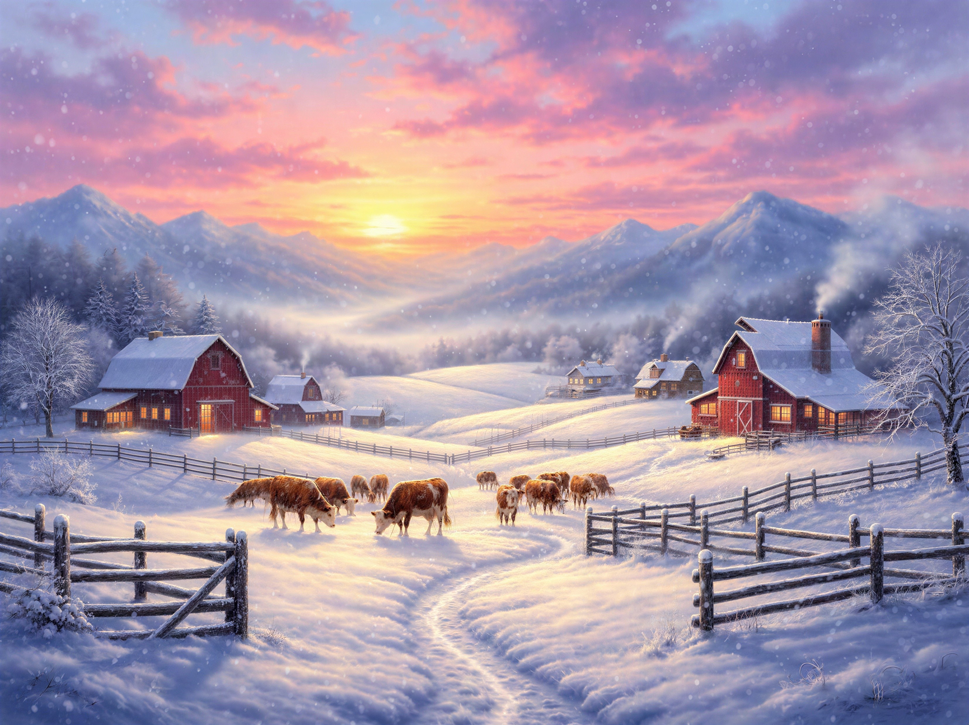 Winter Landscape with Snow-Covered Farm at Sunset