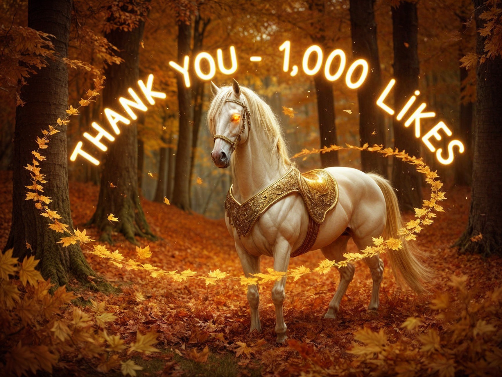 White Horse in Golden Armor in Autumn Forest