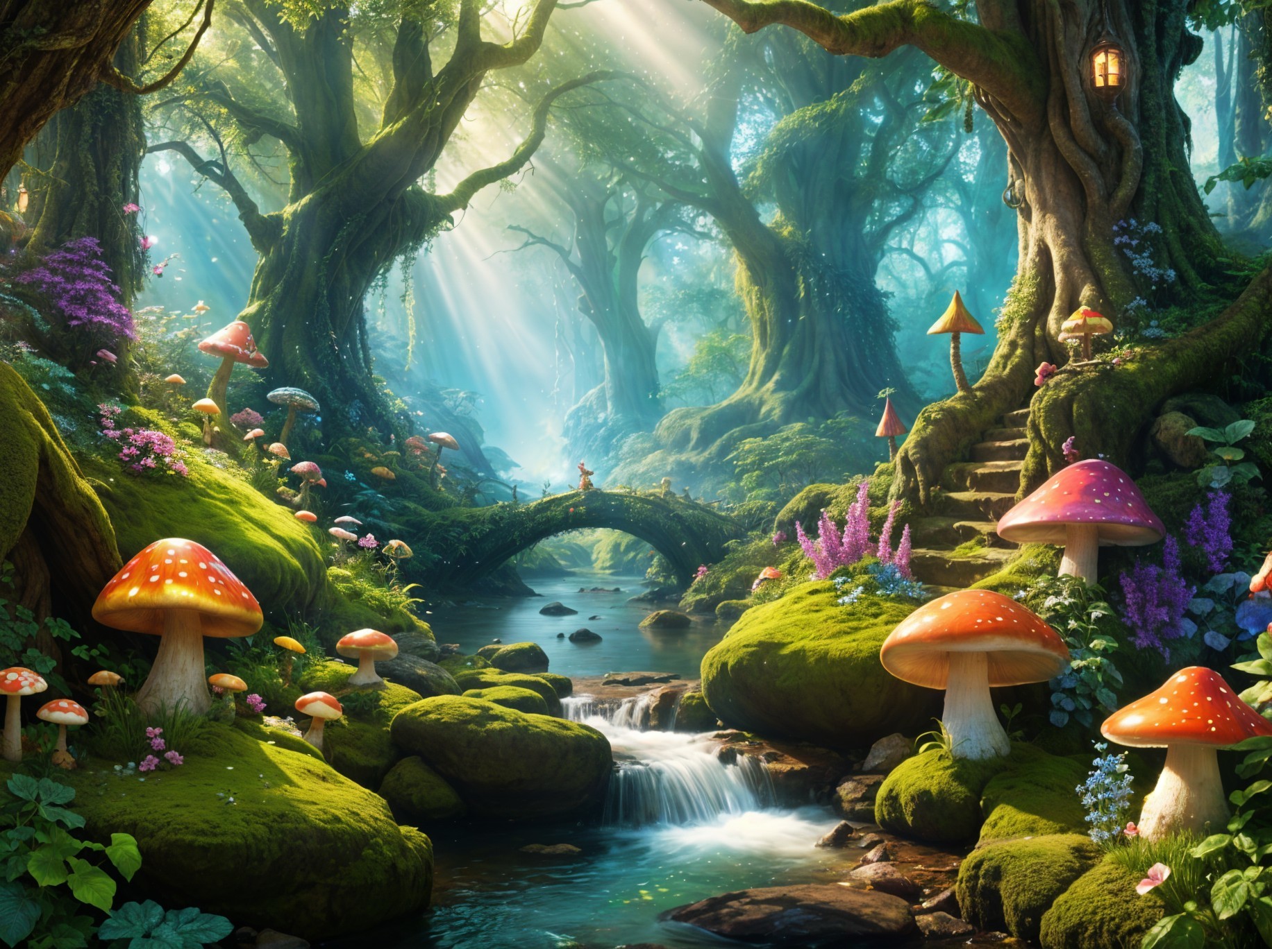 Whimsical Forest with Vibrant Mushrooms and Stream