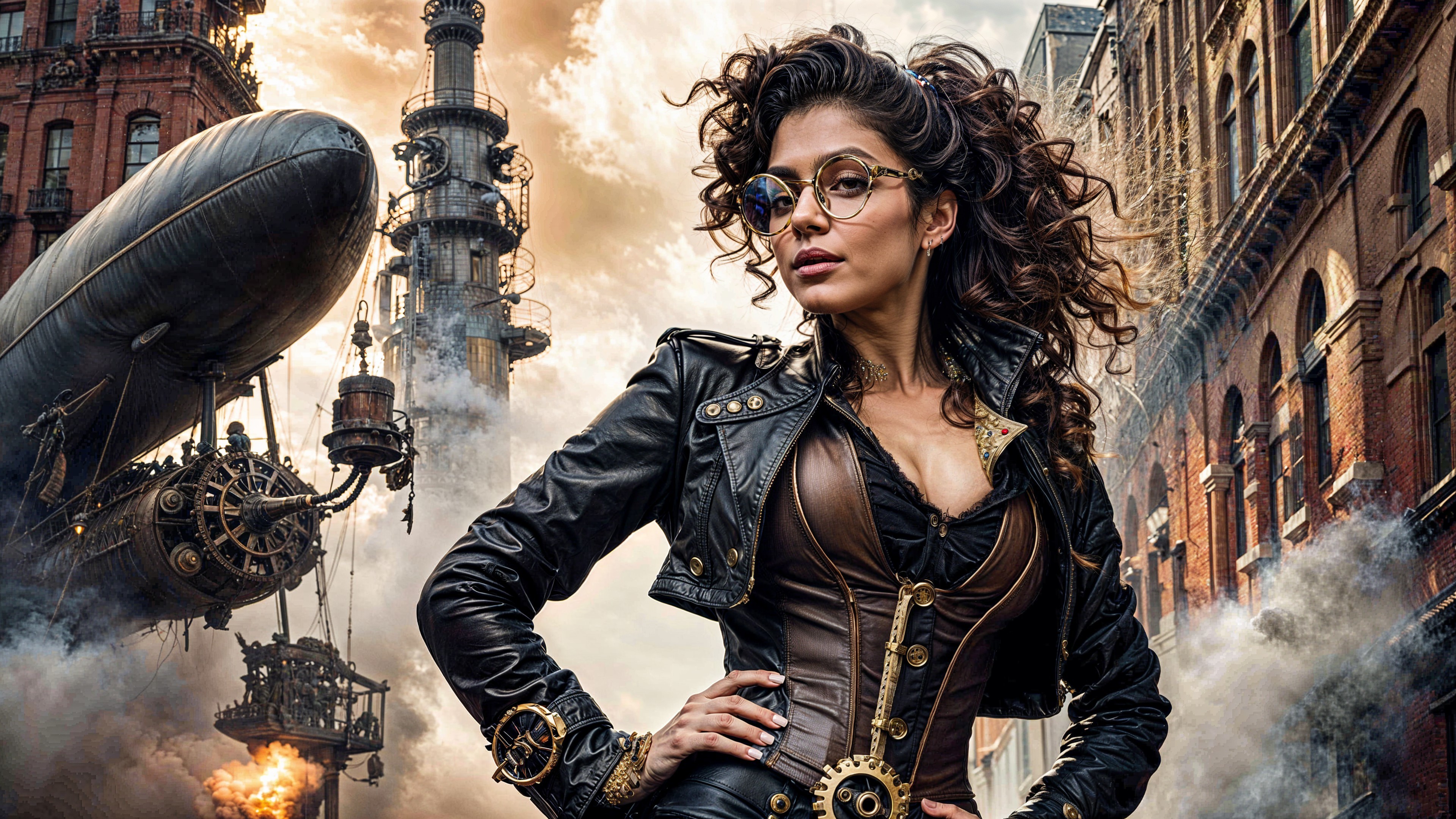 Confident Woman in Steampunk-Inspired Environment