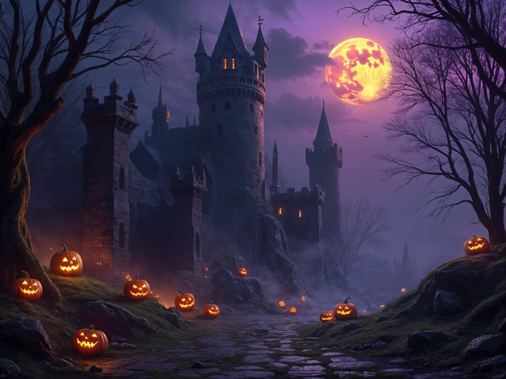 Ominous Castle Scene with Twisted Trees and Jack-o'-Lanterns