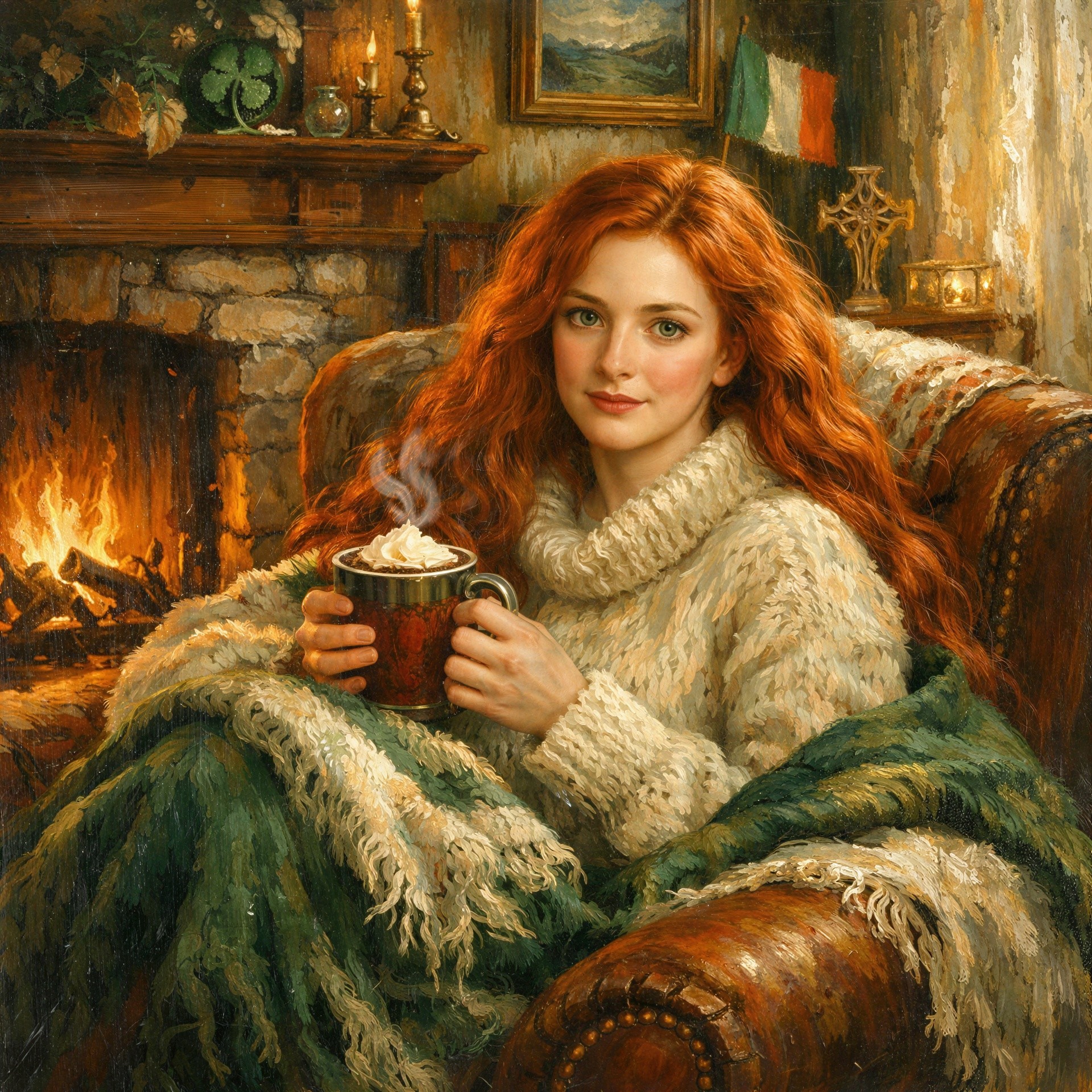 Portrait of a Young Woman by a Fireplace with Mug