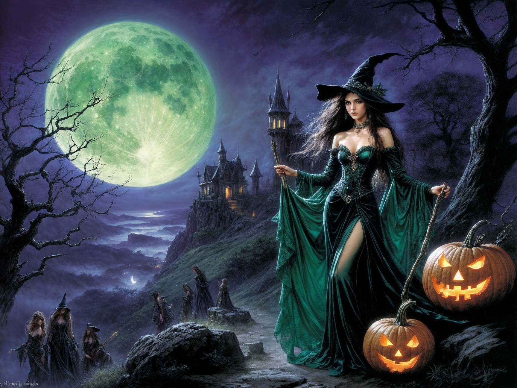 Mystical Witch Scene with Full Moon and Haunted Castle