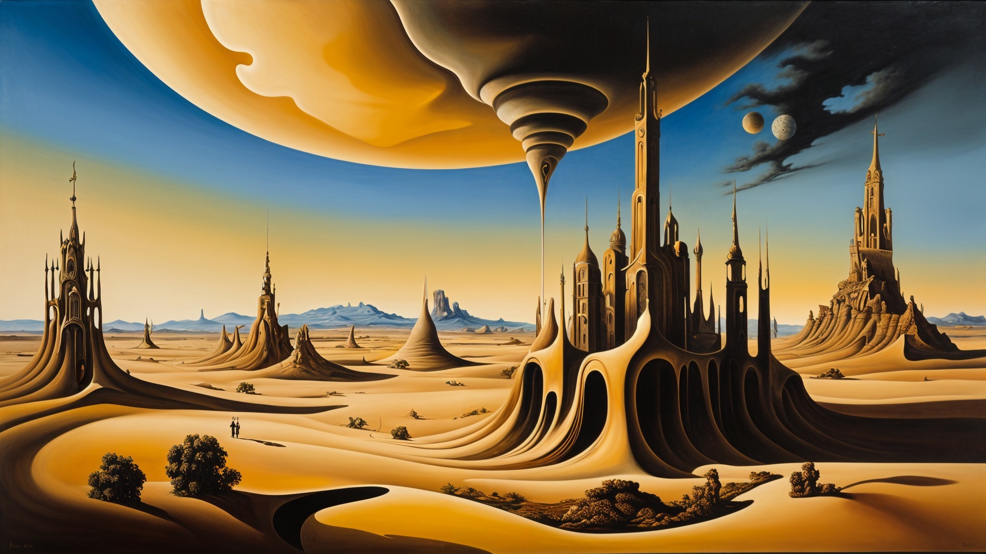 Surreal landscape with spiraled structures and dunes