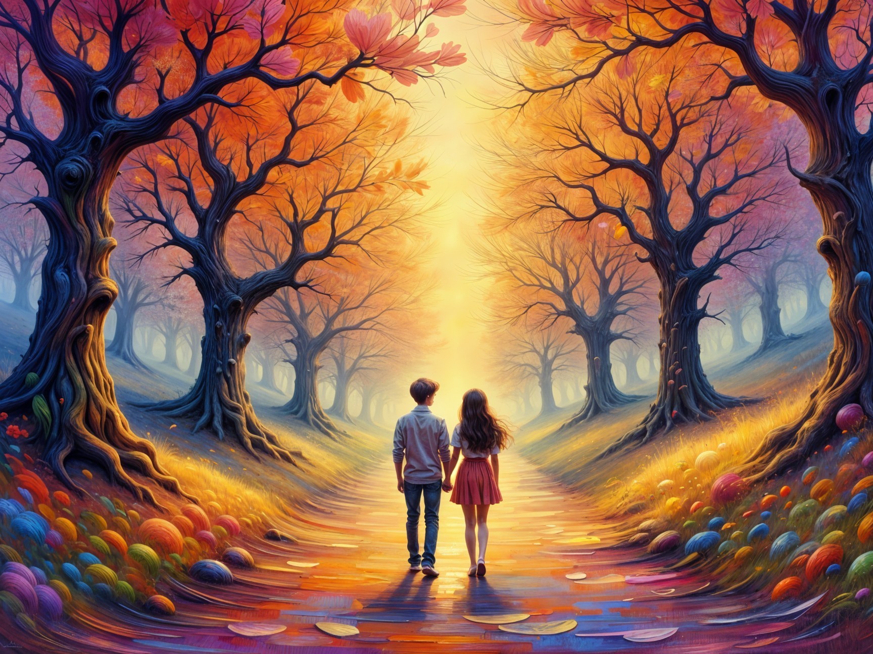 Autumn Landscape with Children on a Colorful Path