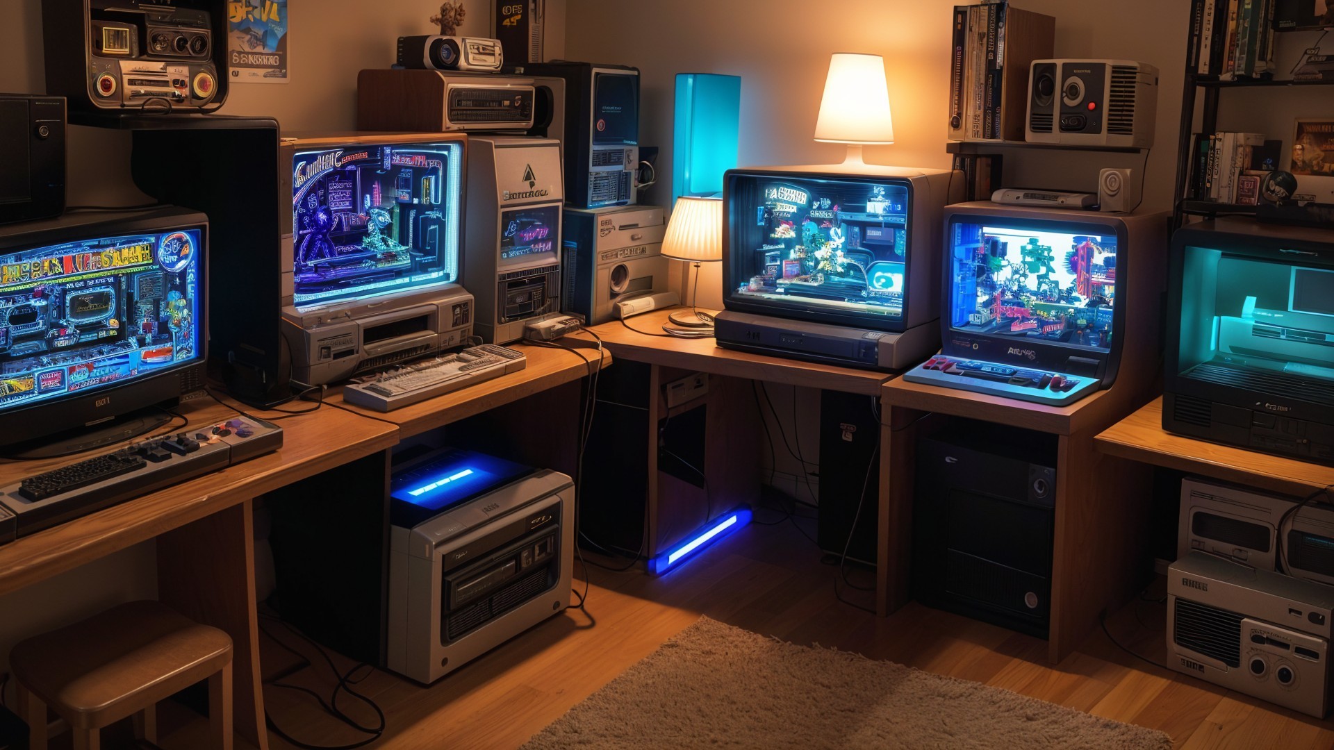 Cozy Retro Gaming Setup with Vintage Monitors and Consoles