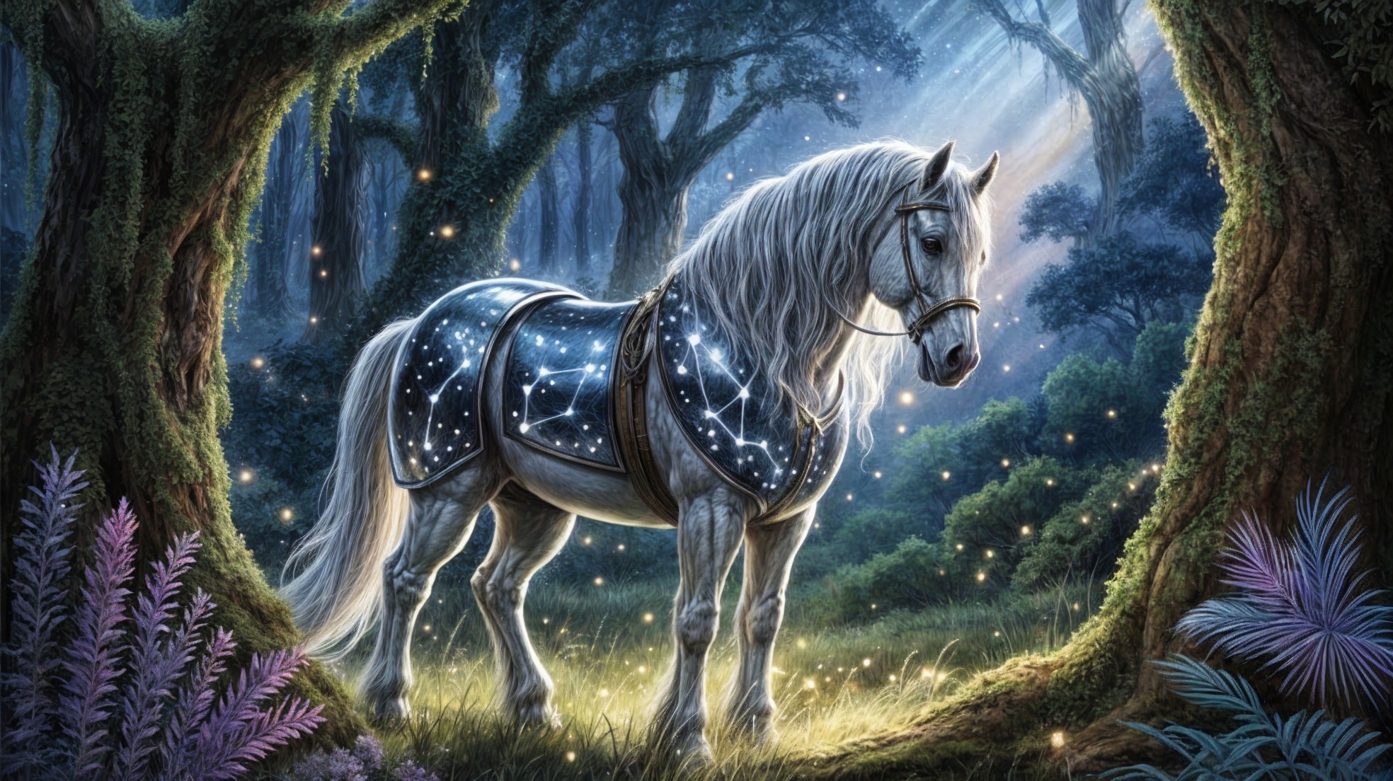 Majestic White Horse in Enchanted Forest Setting