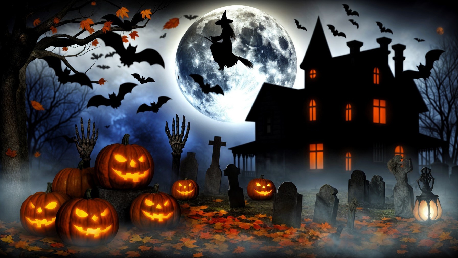 Haunted House with Moonlit Bats and Pumpkins