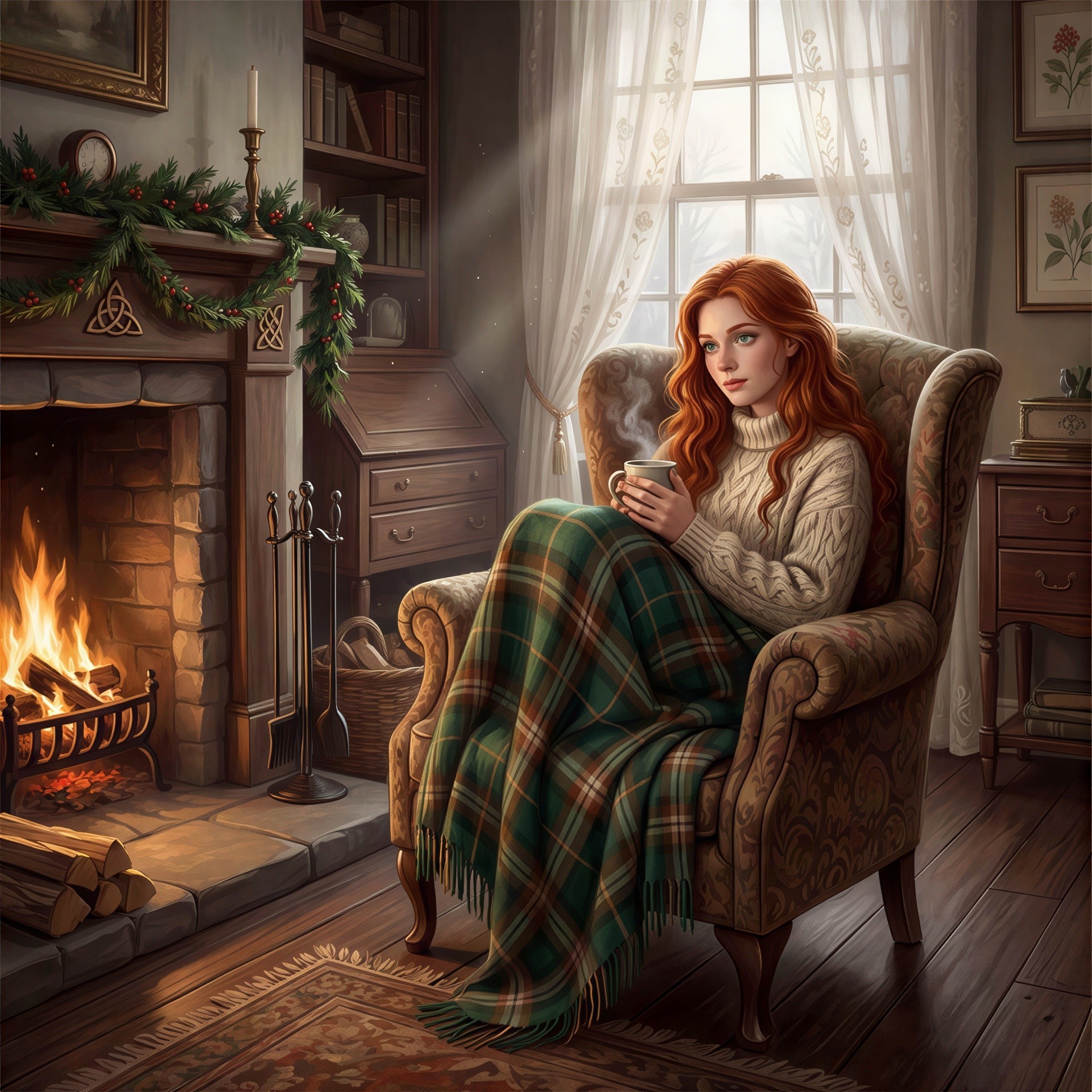 Cozy Winter Scene with Woman in Armchair and Blanket