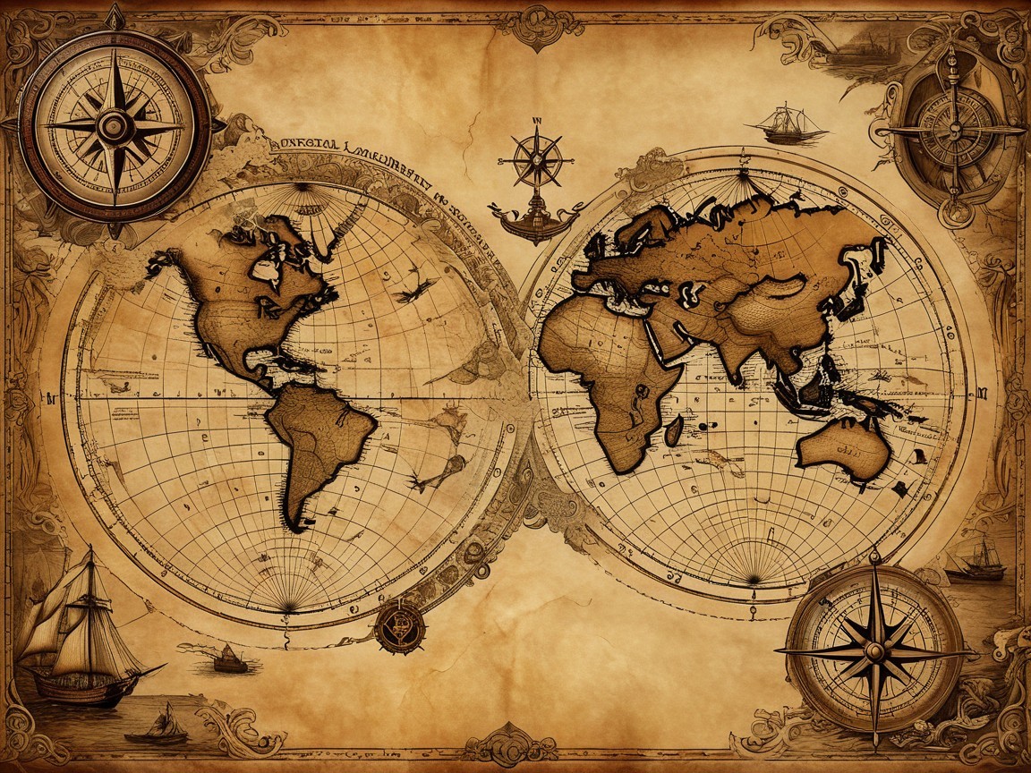 Antique-style world map with maritime illustrations