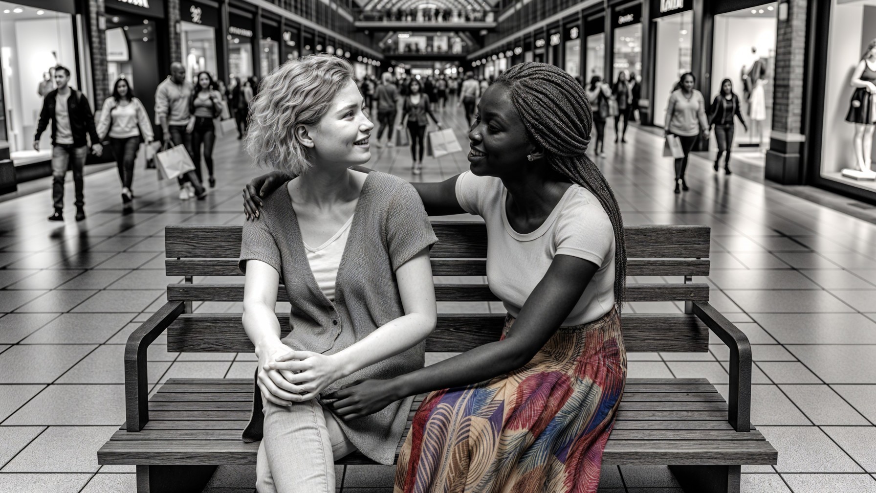 Women Conversing on a Bench in a Busy Mall