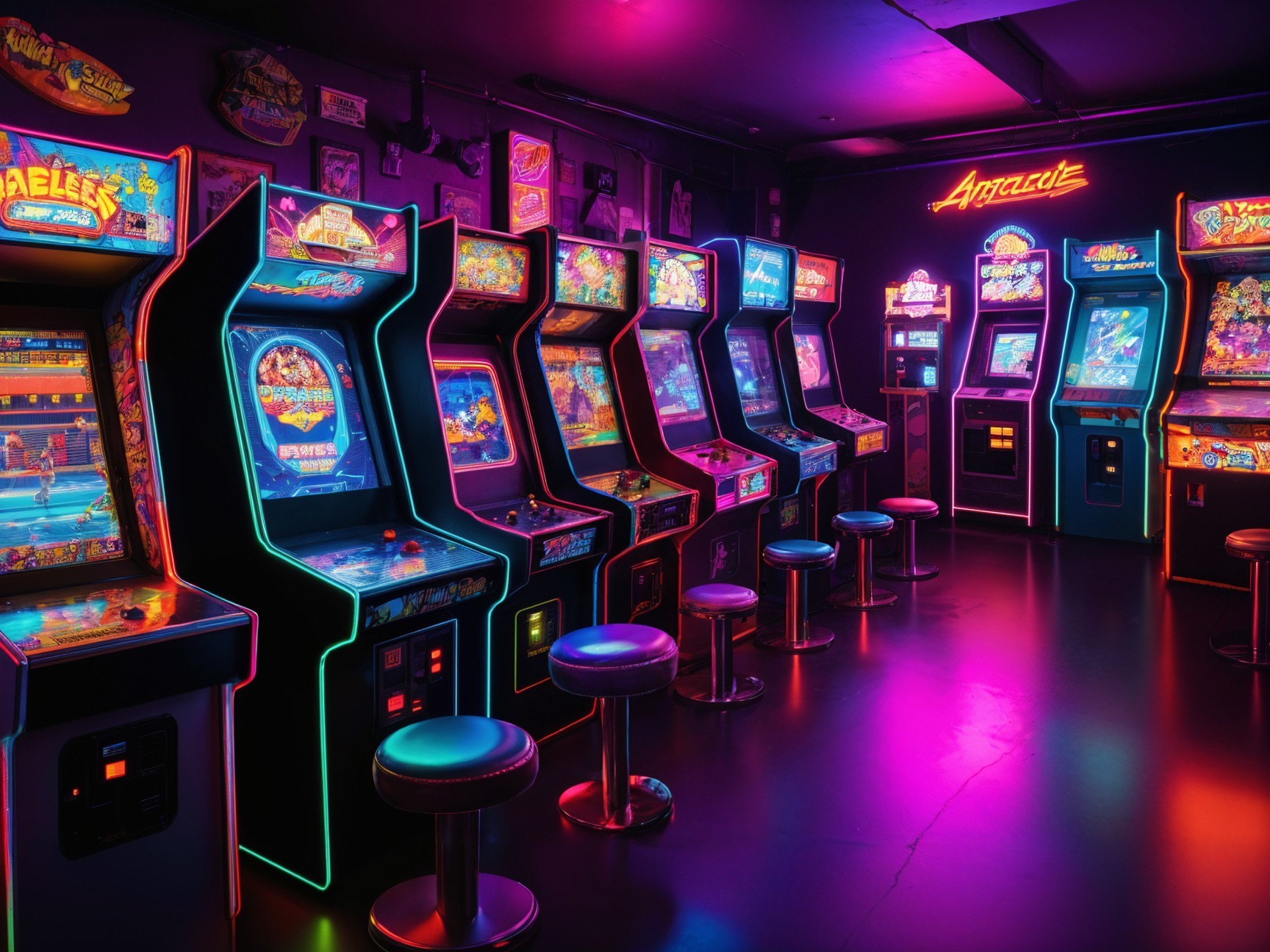 Vibrant Arcade Room with Classic Machines and Neon Lights