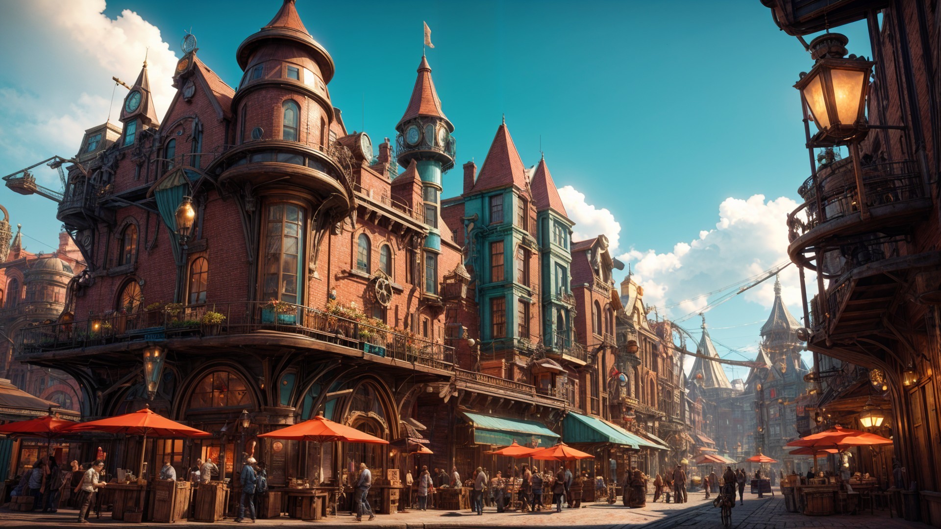 Whimsical Fantasy Street Scene with Vibrant Architecture