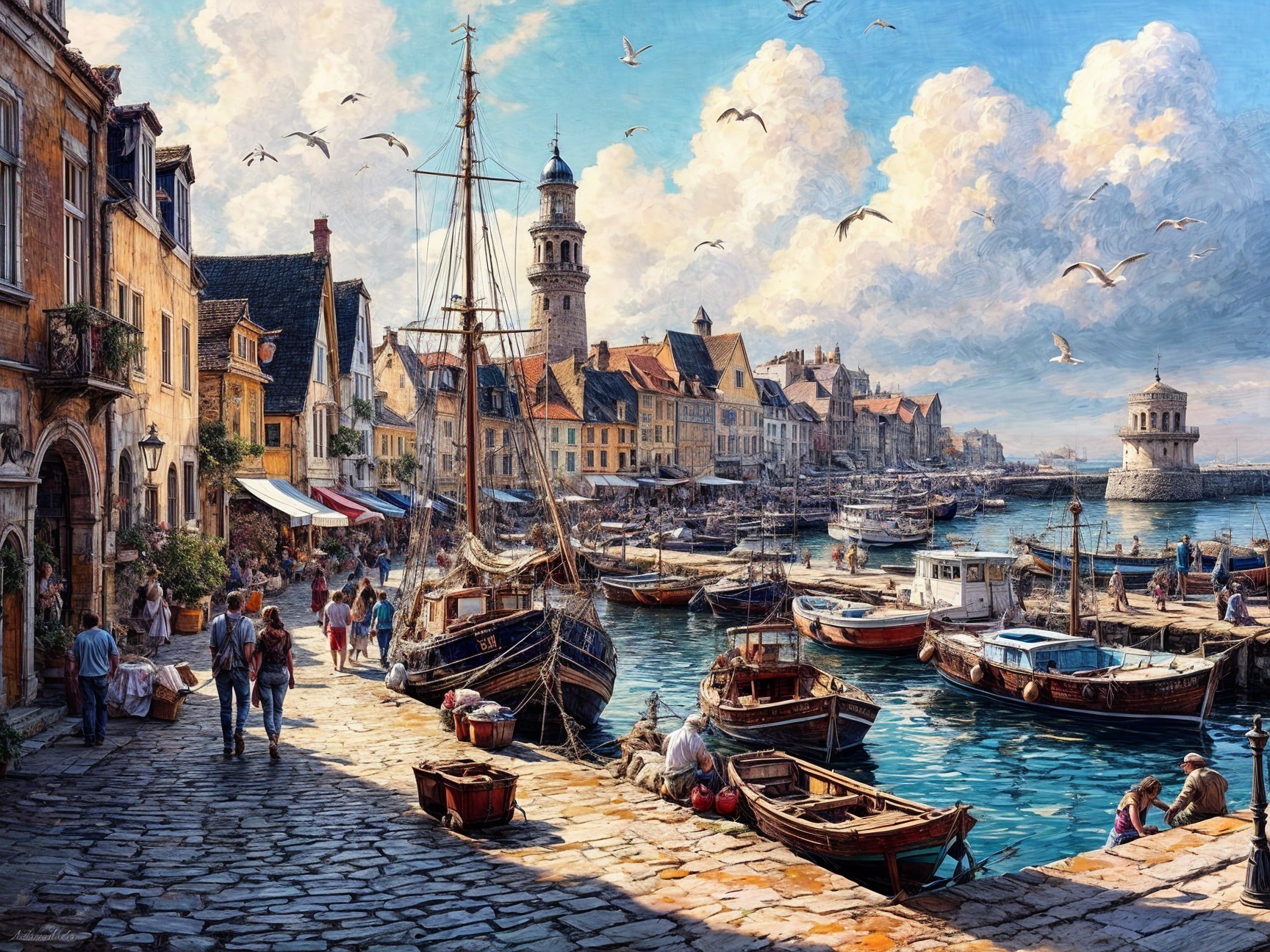 Harbor Scene with Cobblestone Streets and Boats