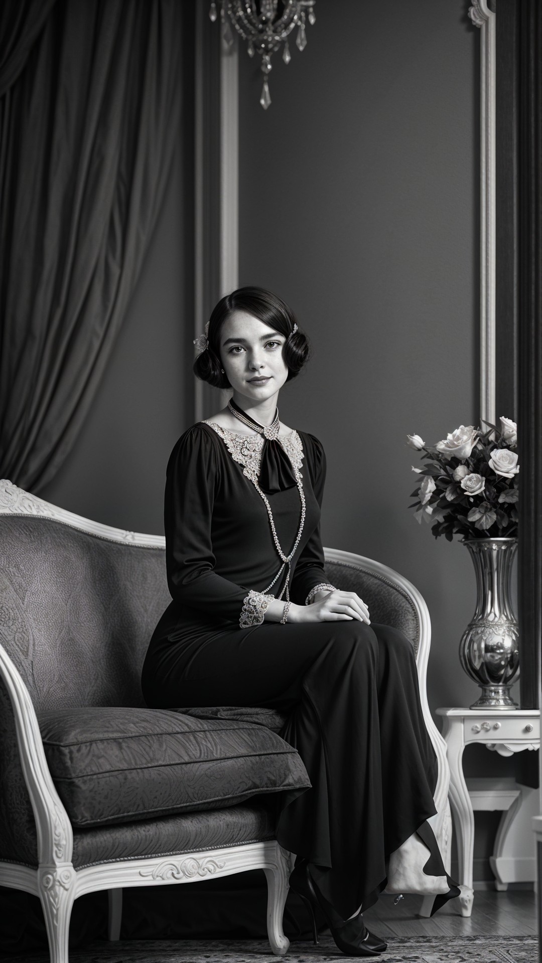 Elegant Woman in Vintage Sofa and Black Gown