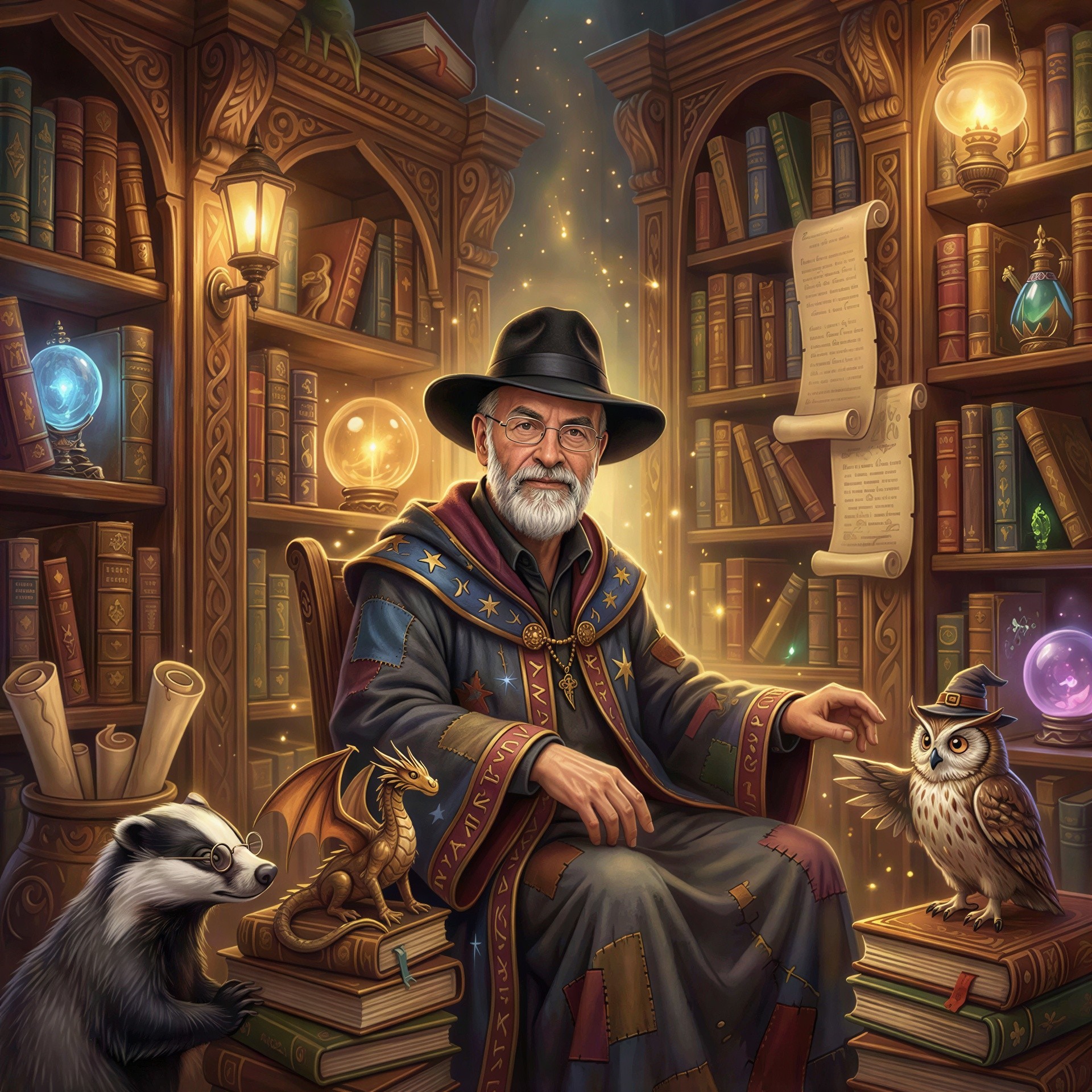Old wizard in magical library with glowing orbs