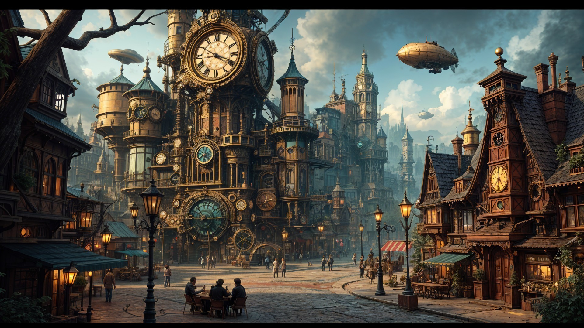 Steampunk City with Clock Tower and Airships