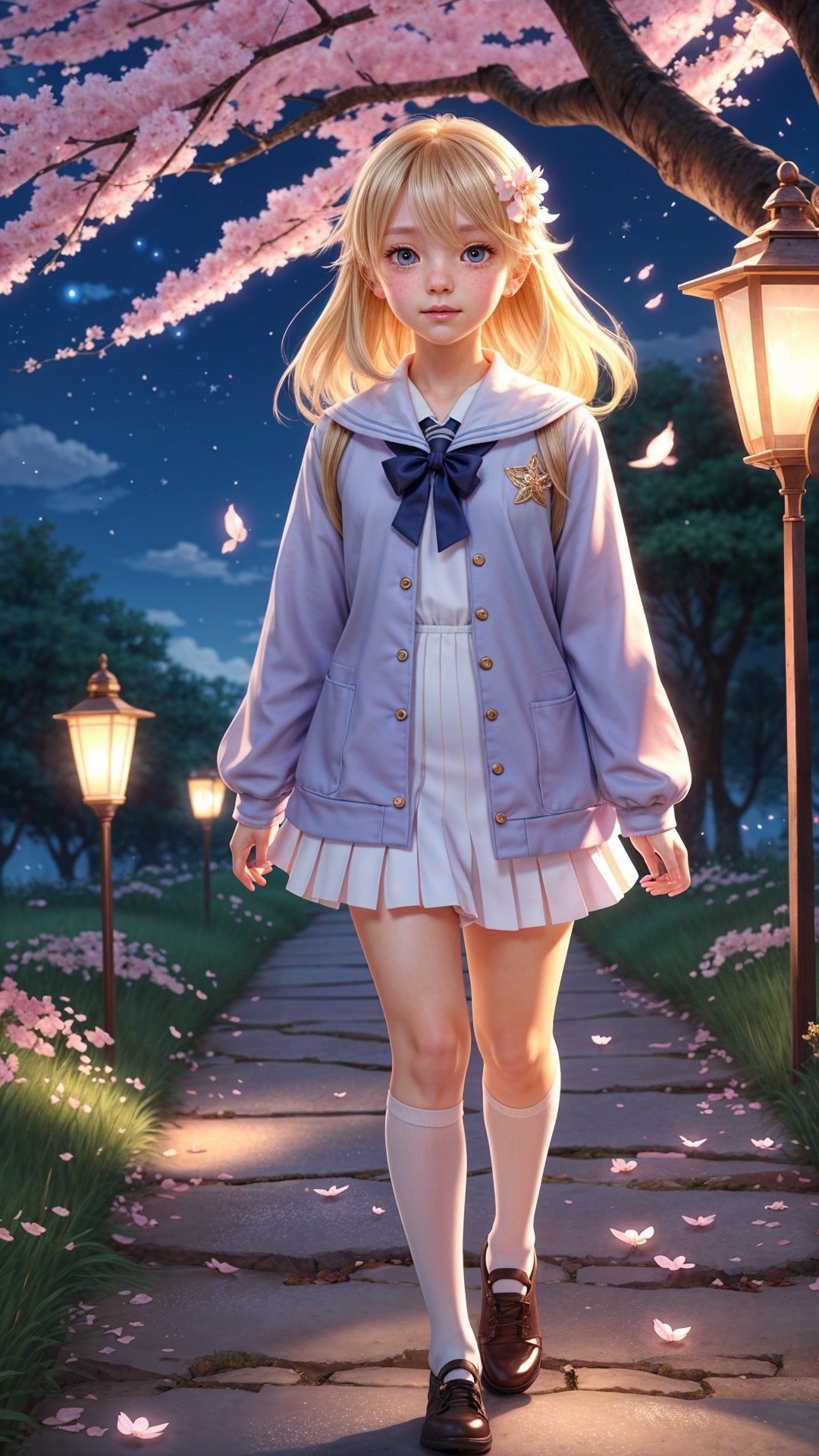Young girl in cherry blossom path at night with lanterns