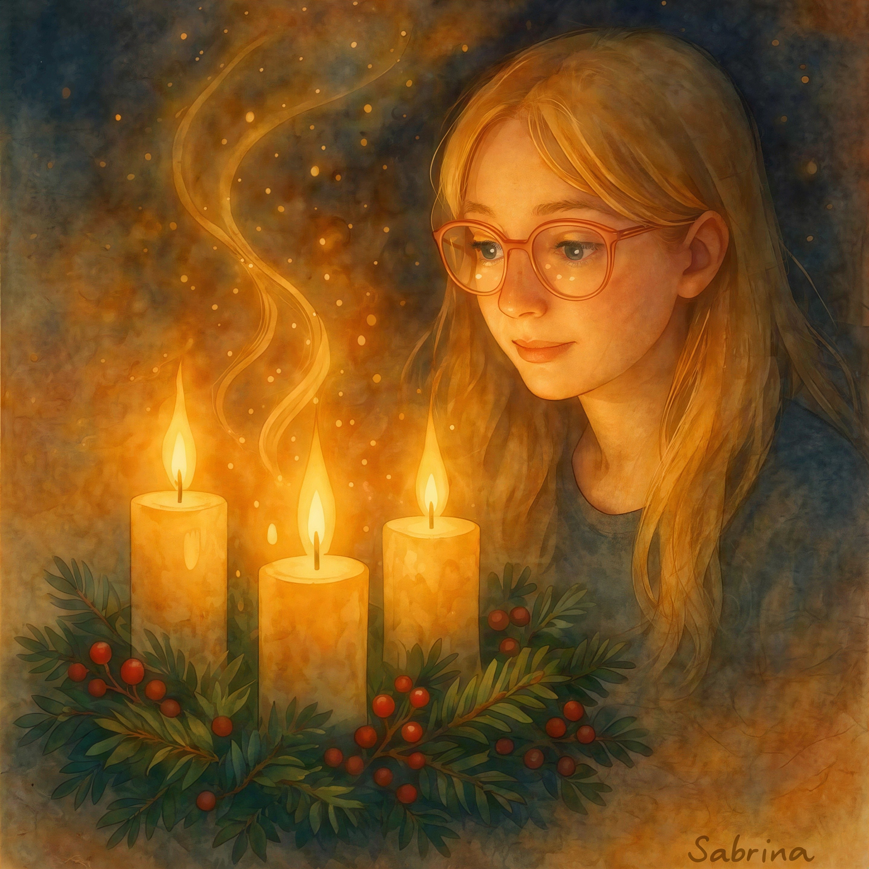 Watercolor Painting of Girl with Candles and Wreath