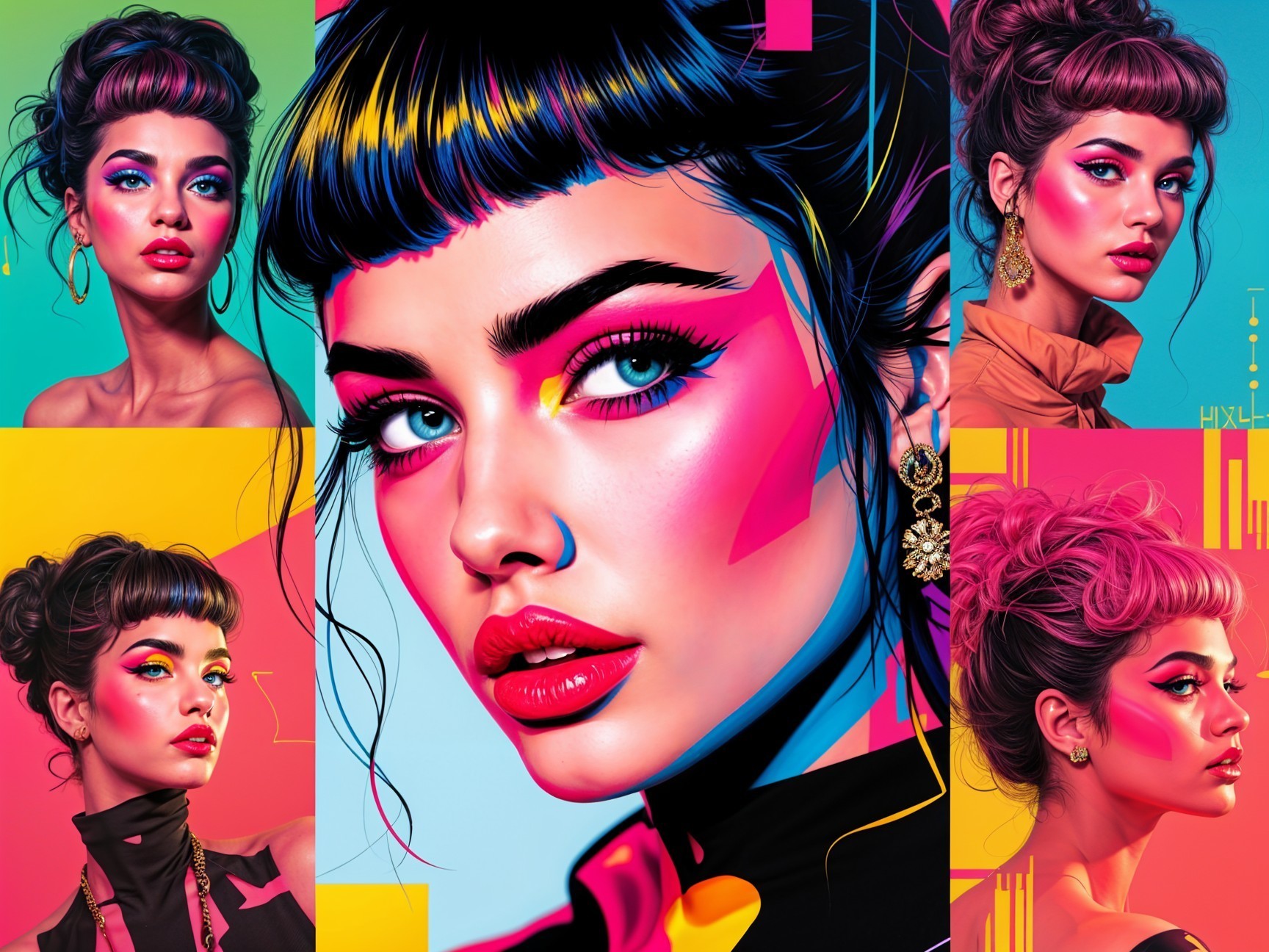 Vibrant Collage of Woman's Expressions and Makeup