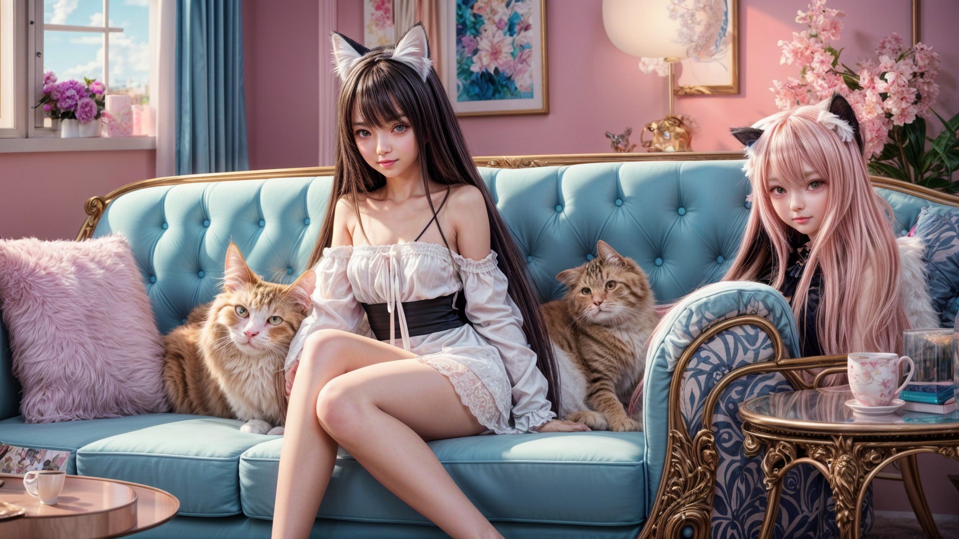 Cozy Room with Girls and Cats in Pastel Decor