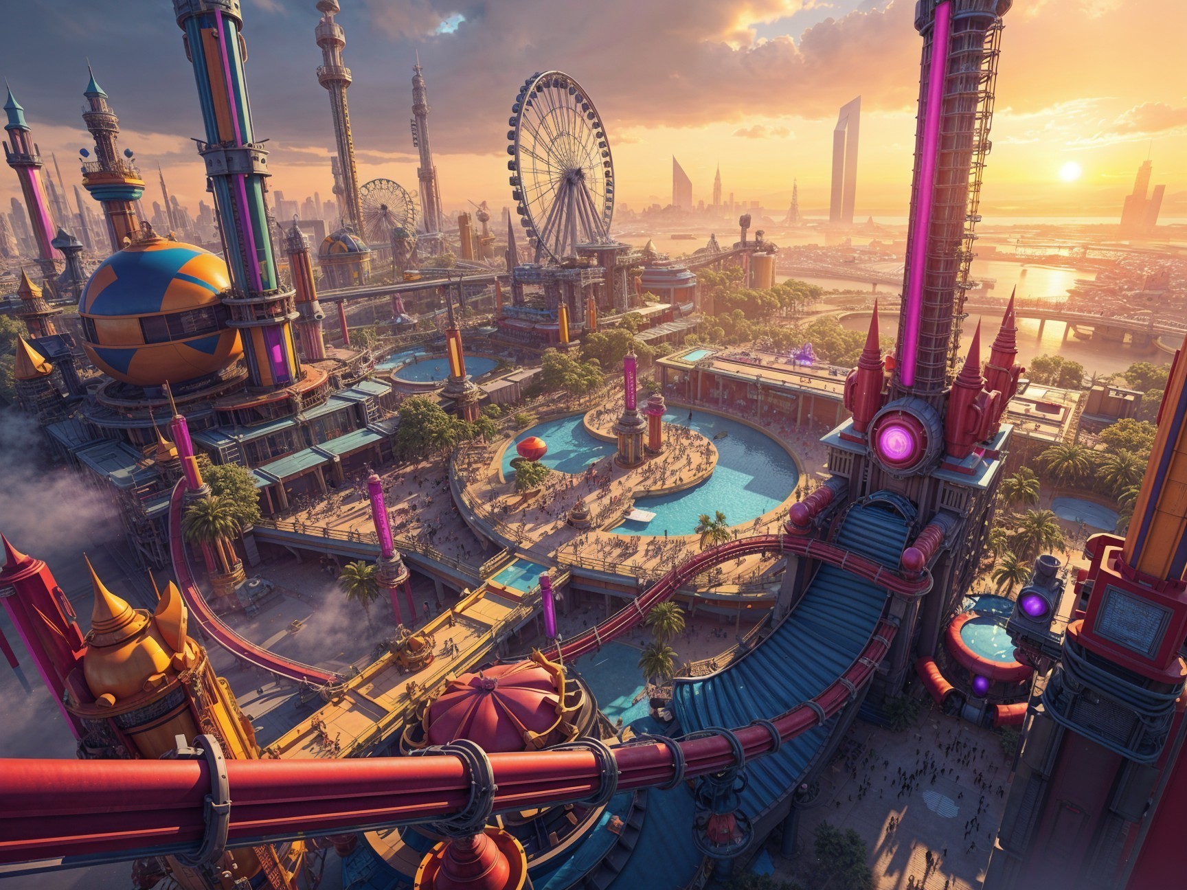 Futuristic Amusement Park with Sunset and Skyscrapers