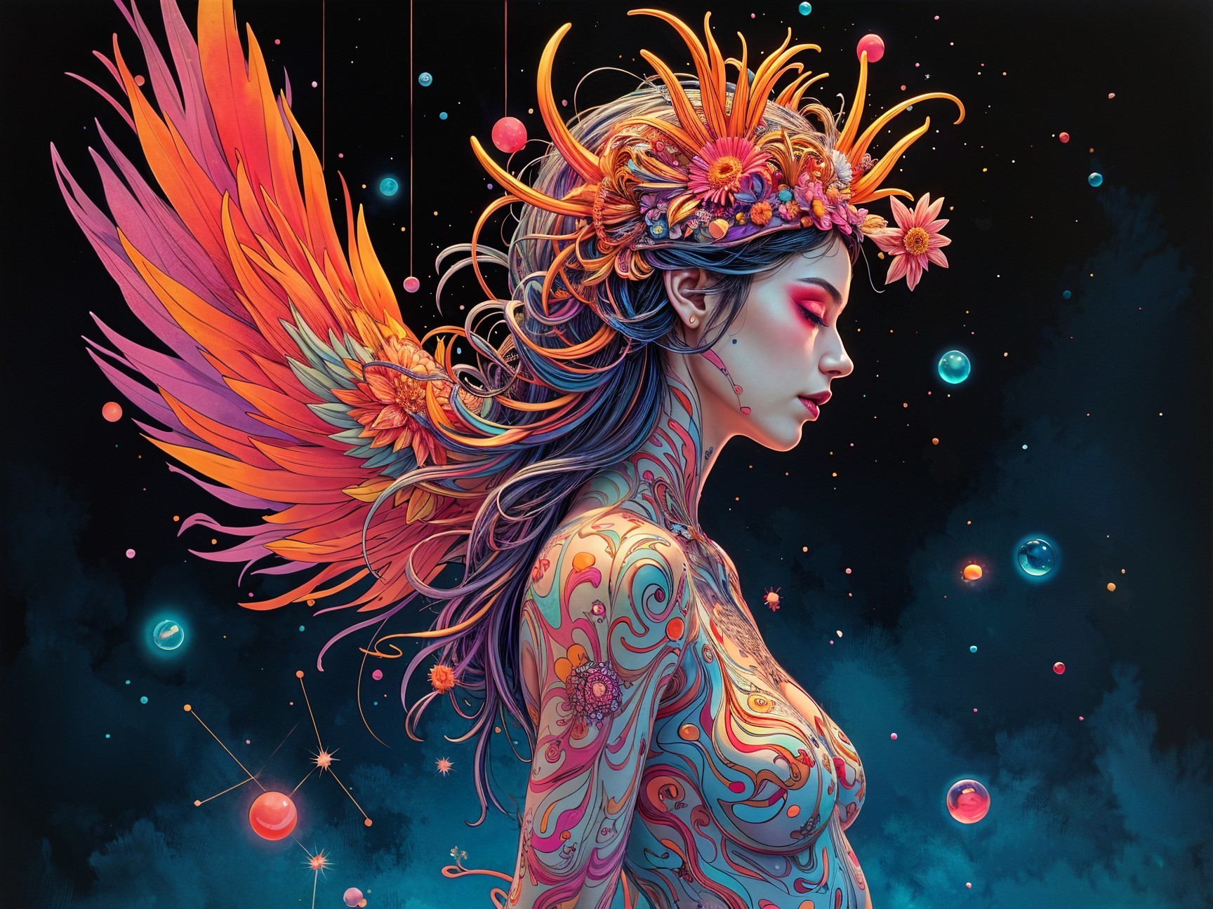 Colorful Tattooed Woman with Feathered Wings in Galaxy