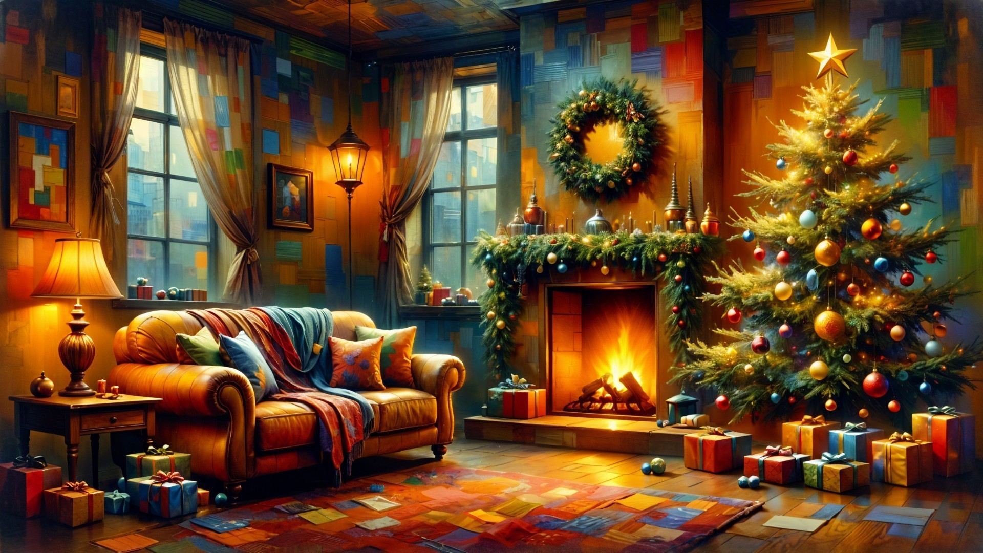 Cozy Holiday Living Room with Fireplace and Tree
