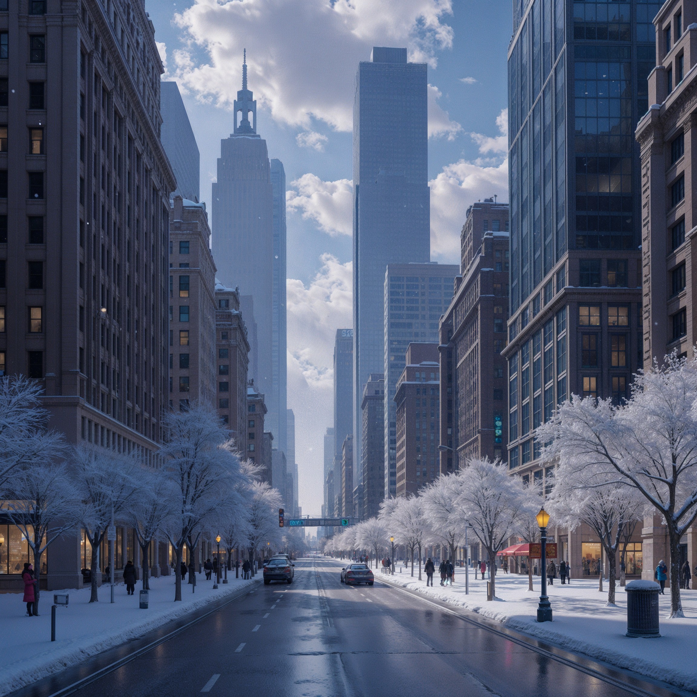 Snow-Covered City Street with Frosted Trees and Skyscrapers