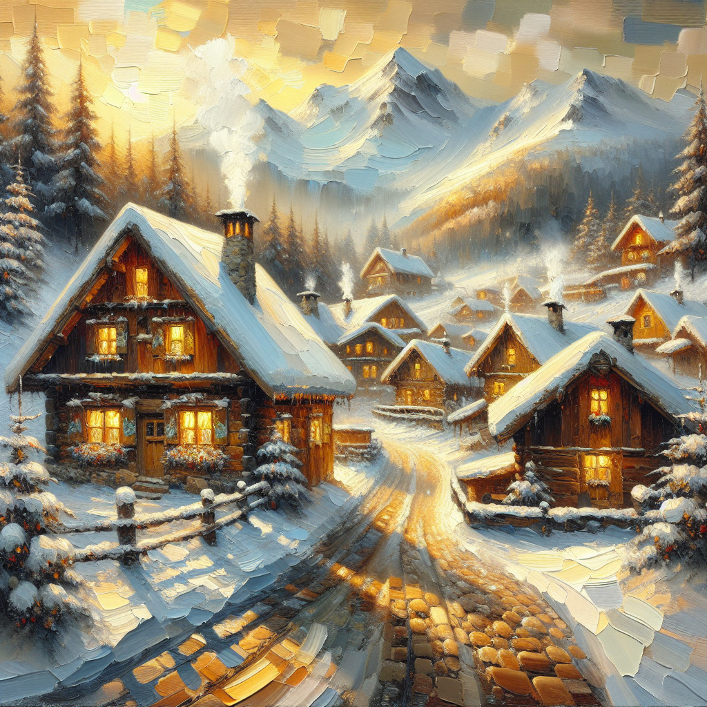 Winter Village in Snow-Covered Mountains at Sunset