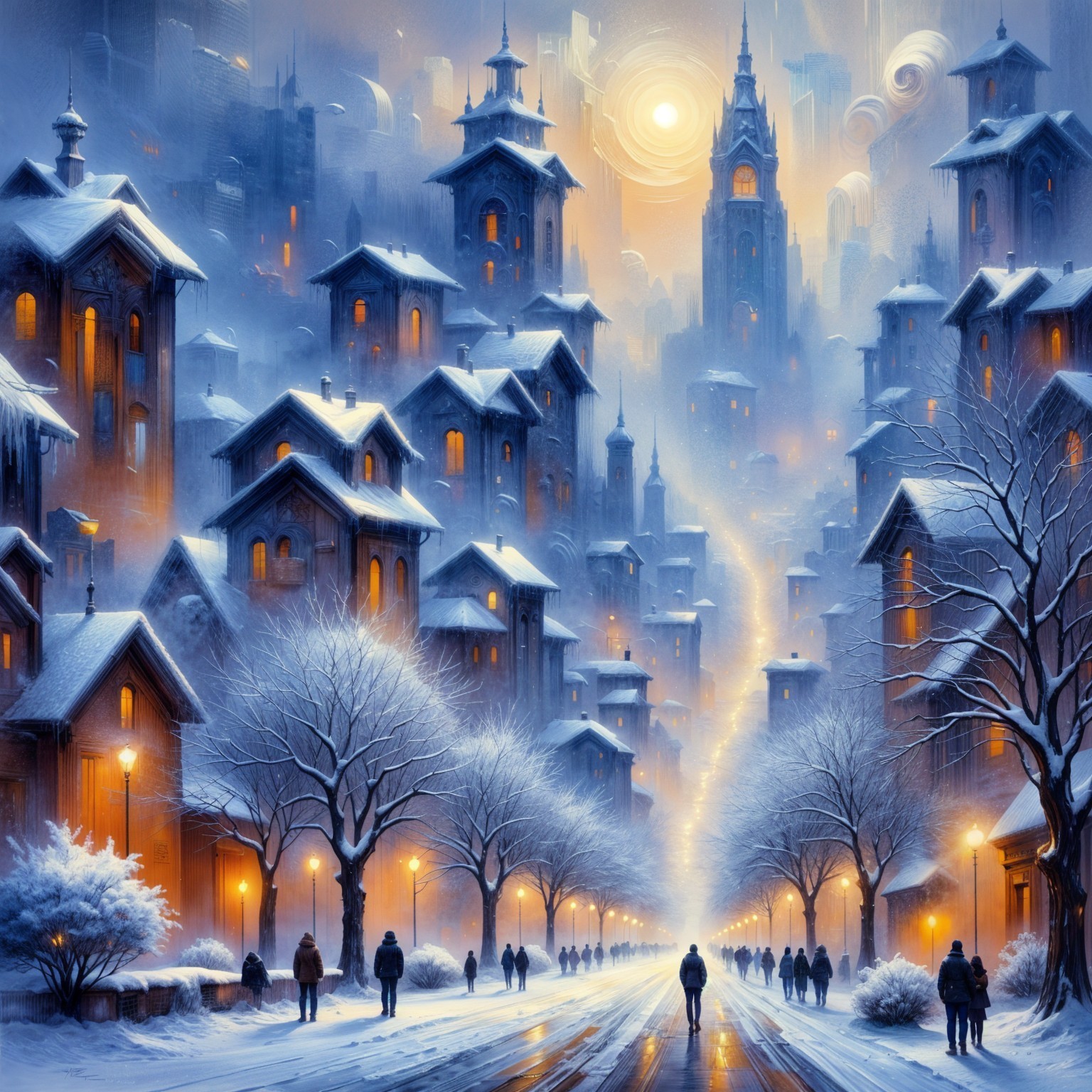 Serene Snowy City Street with Warm Glowing Lights