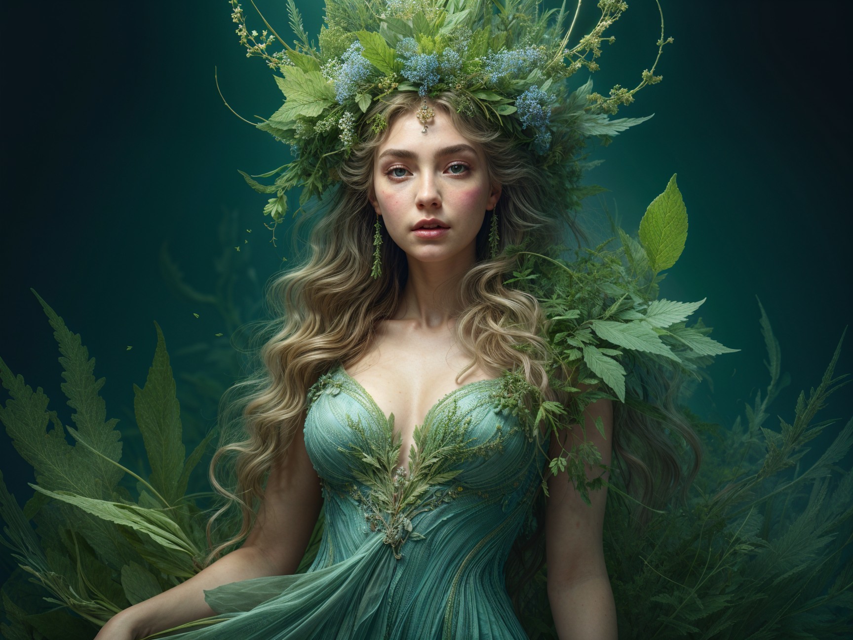 Portrait of a woman in a nature-inspired gown