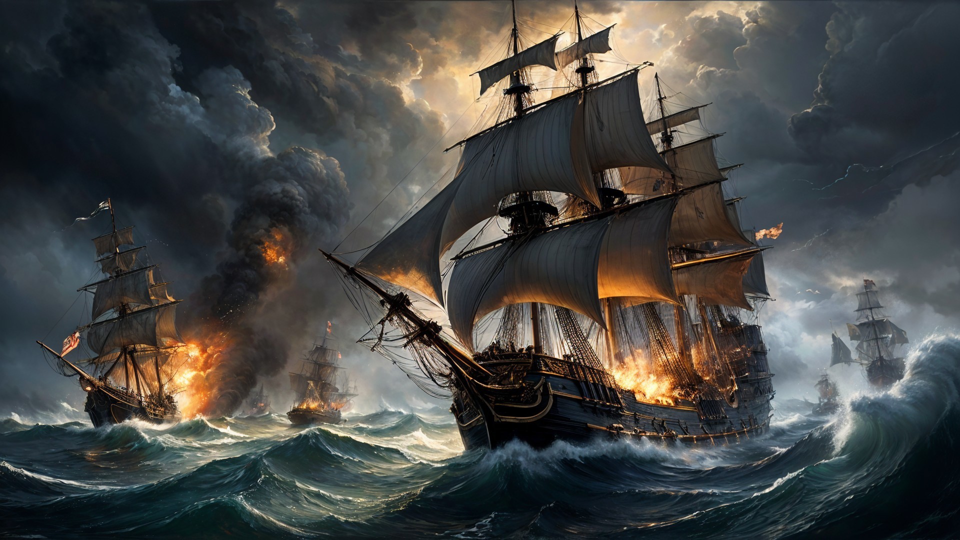 Dramatic Naval Battle with Tall Ships and Flames