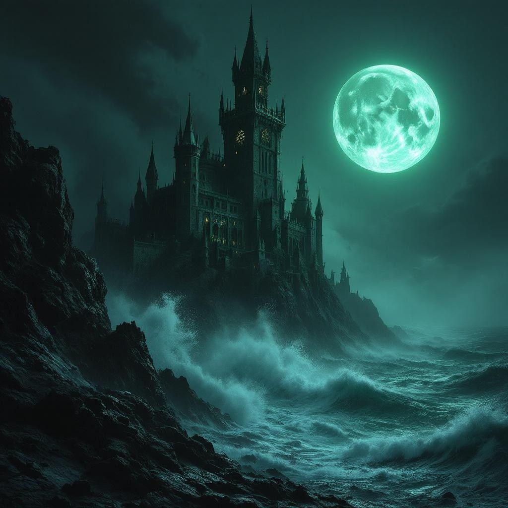 Gothic Castle Under Stormy Night Sky and Moonlight
