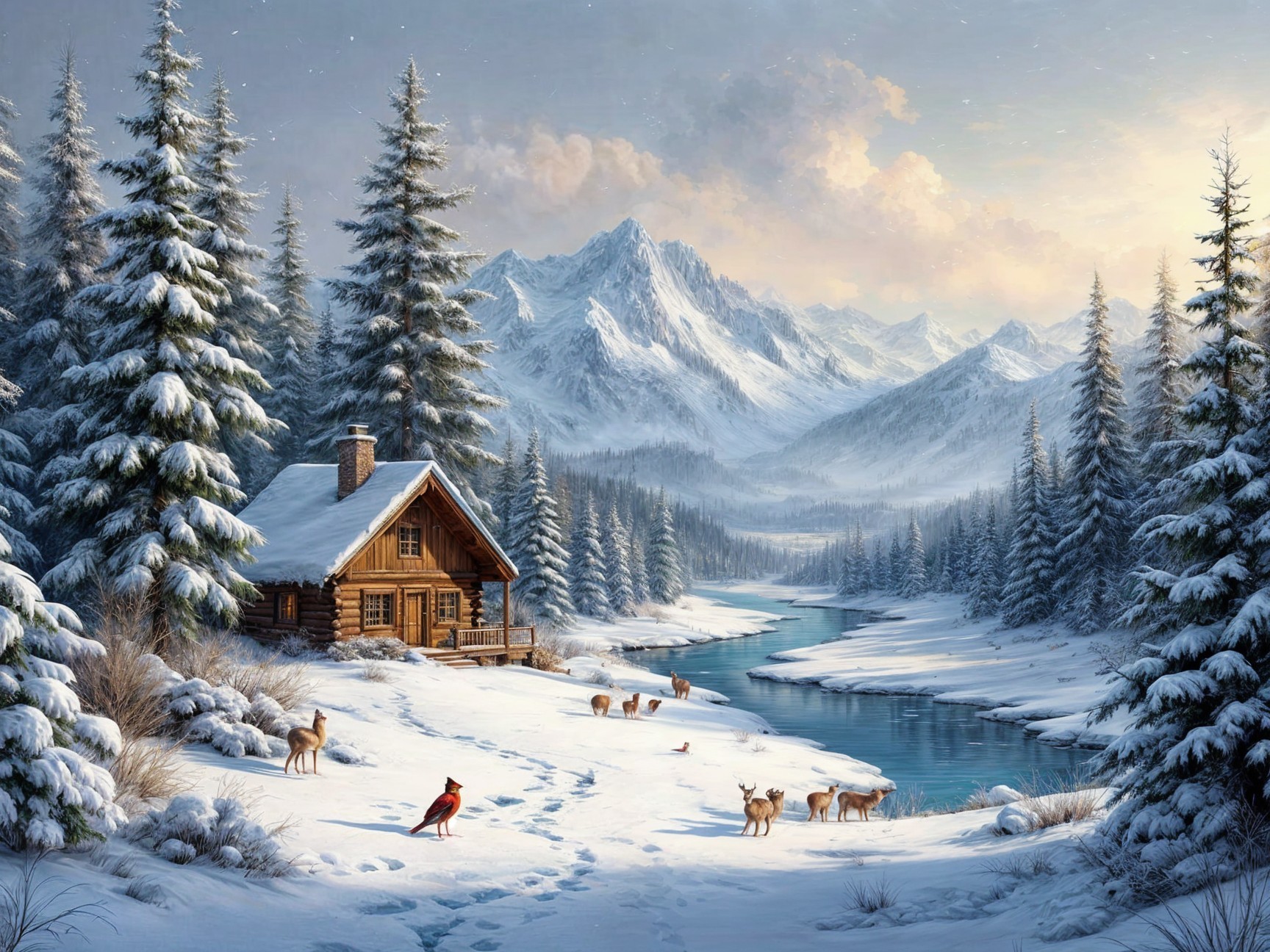 Cozy log cabin in tranquil winter landscape with deer