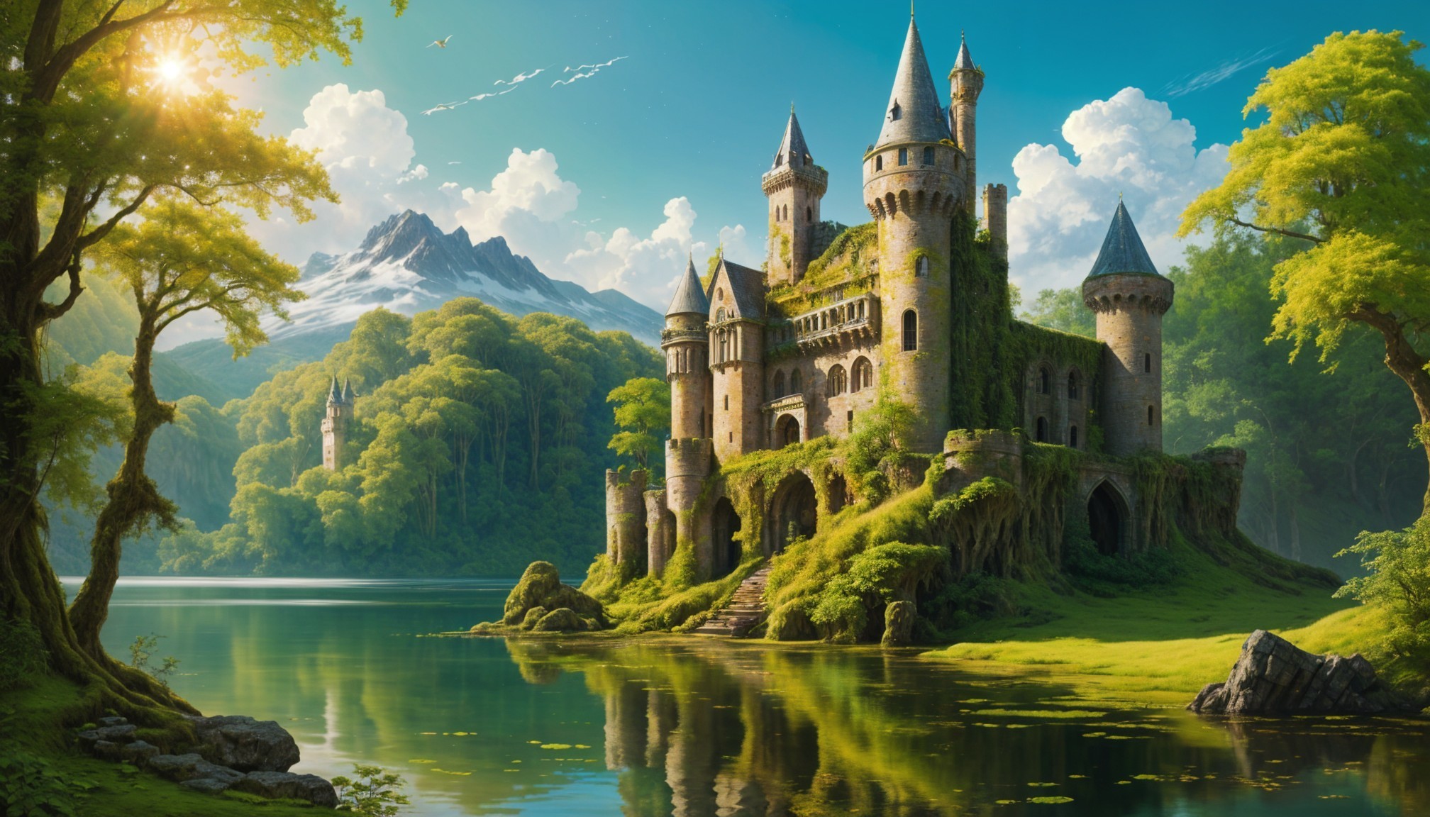 Magical castle by serene lake with lush greenery