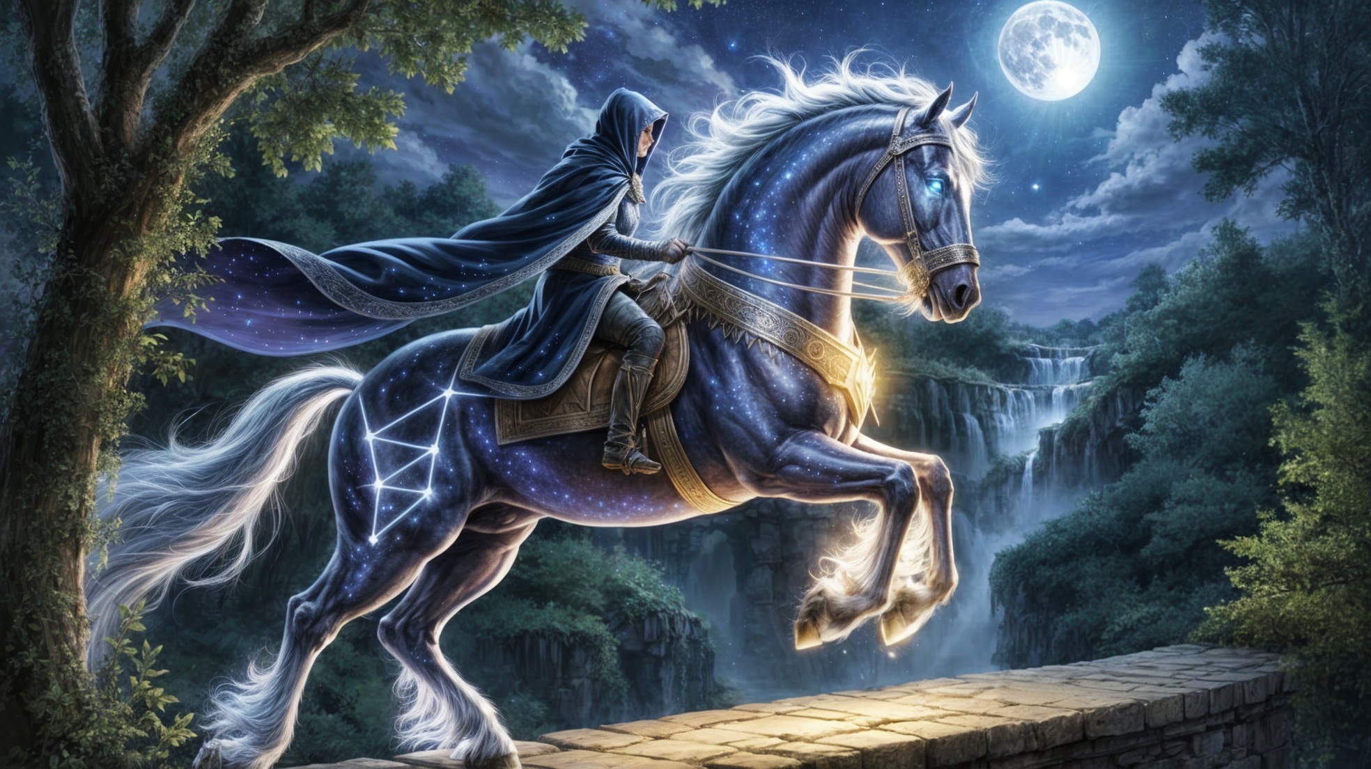 Starry Horse Galloping Under Full Moon and Waterfalls