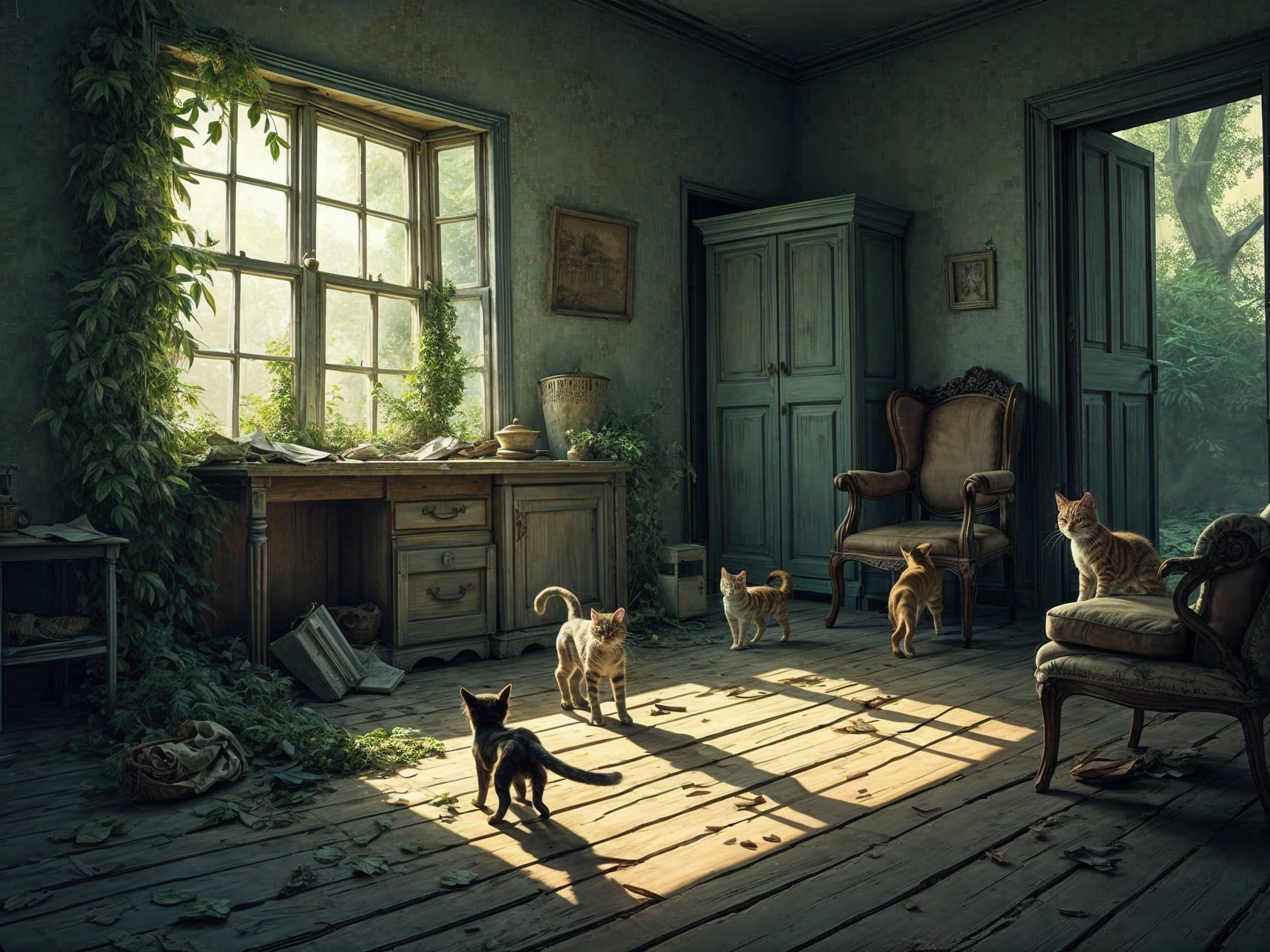 Sunlit Room with Vintage Decor and Playful Cats