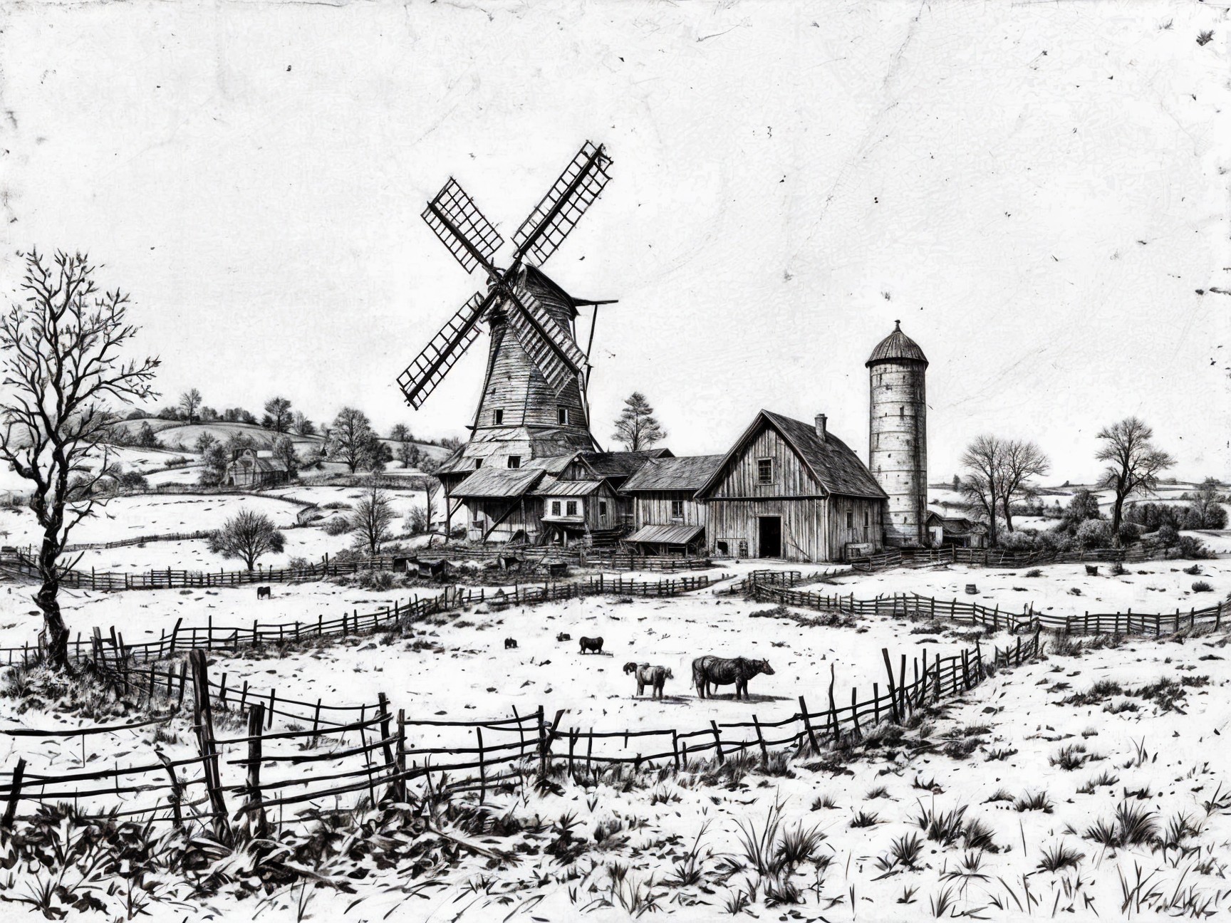 Black and White Sketch of a Rural Farm Scene