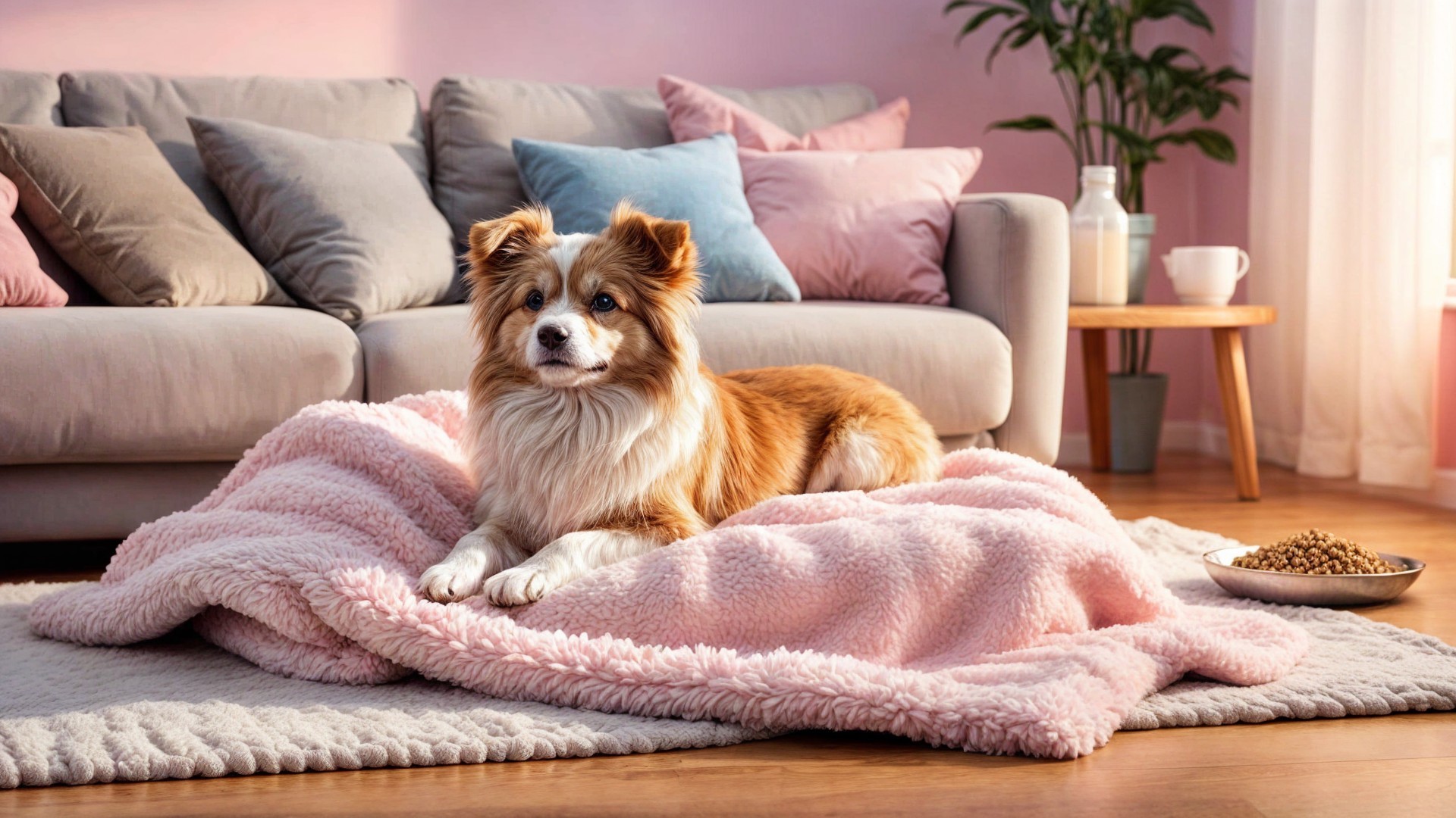 Cozy Living Room with Dog on Pink Blanket
