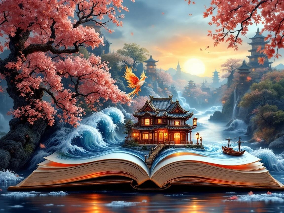 Fantastical Landscape with Palace and Phoenix in Book