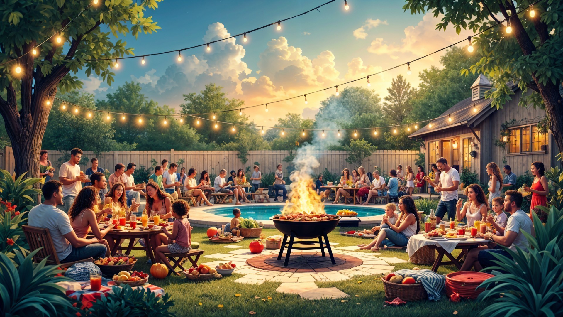 Vibrant Poolside Gathering with Rustic Decor and Fire Pit