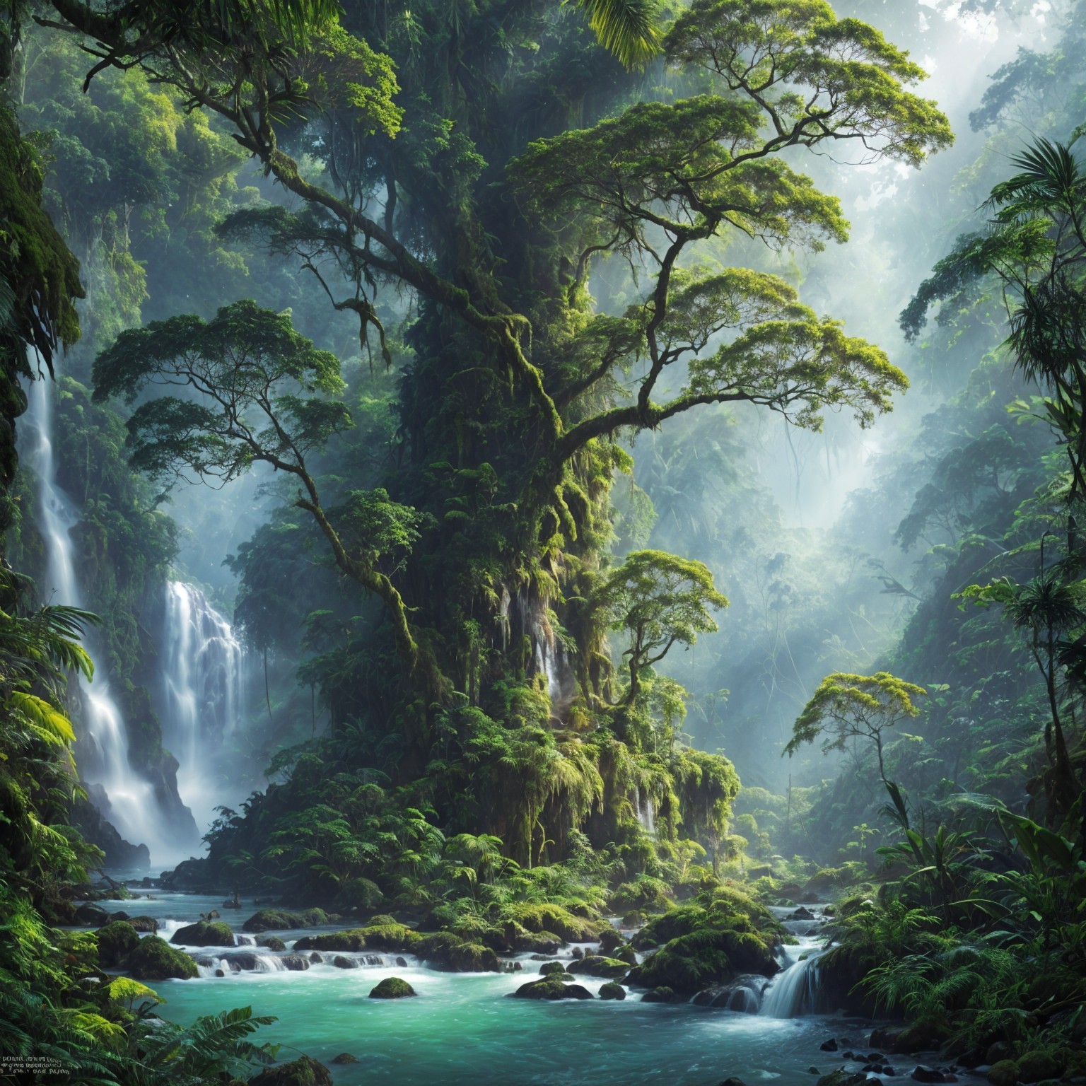 Lush Rainforest Scene with Waterfalls and Foliage