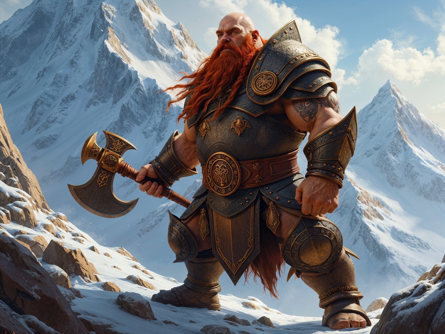 Warrior in Armor on Snowy Mountain Peak with Axe