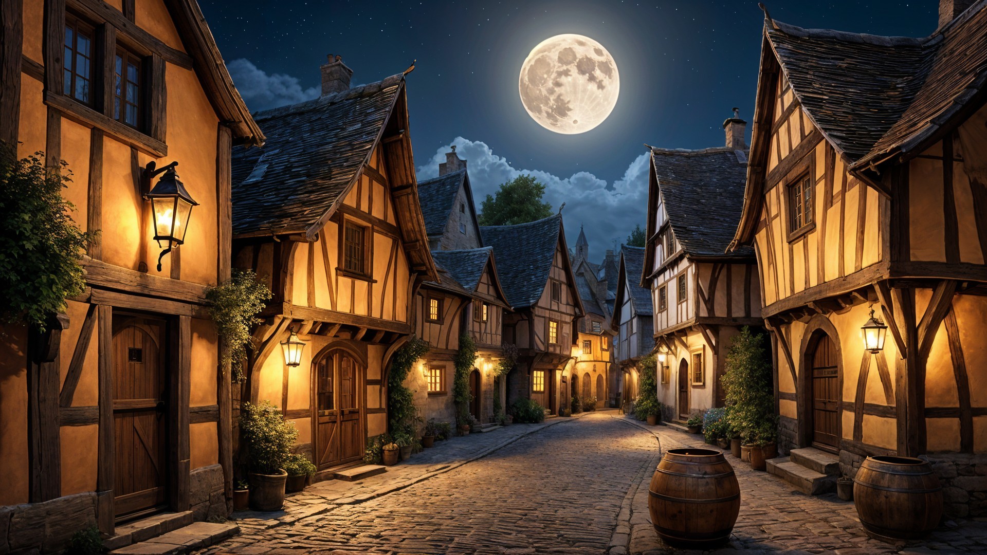 Charming Cobblestone Street Under a Full Moon