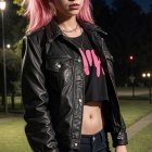 Young woman in park at night with edgy fashion style