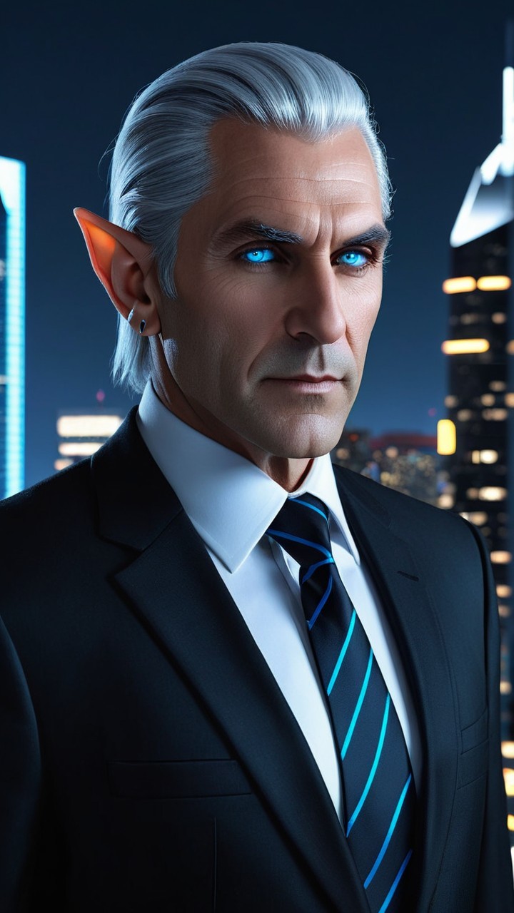 Character with pointed ears and blue eyes in a suit