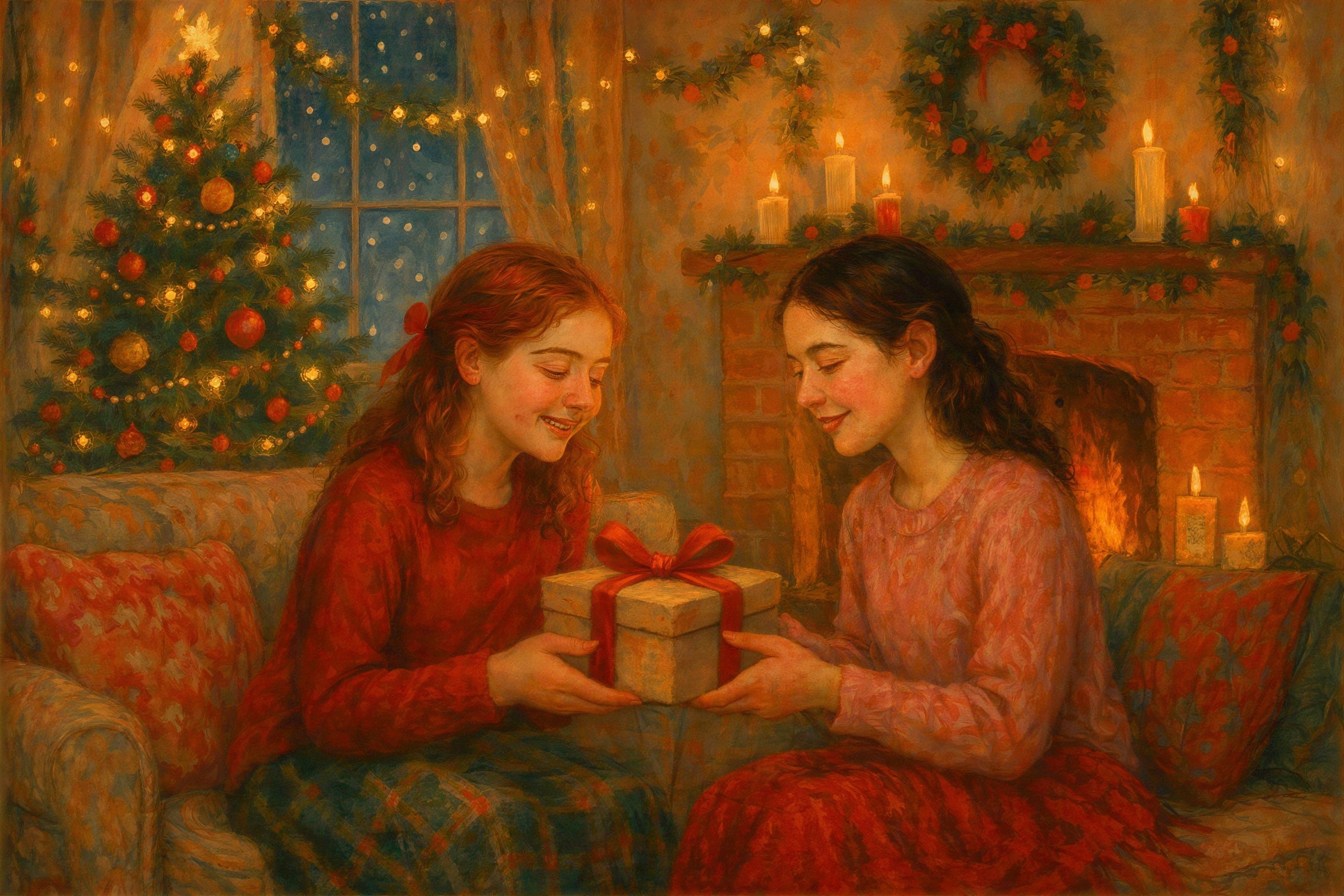 Oil Painting of Two Women Exchanging a Gift in Living Room