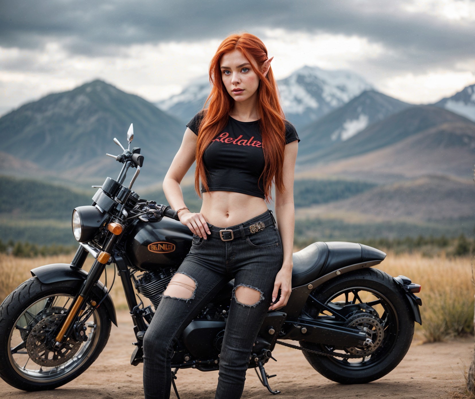 Young woman with red hair beside motorcycle in mountains