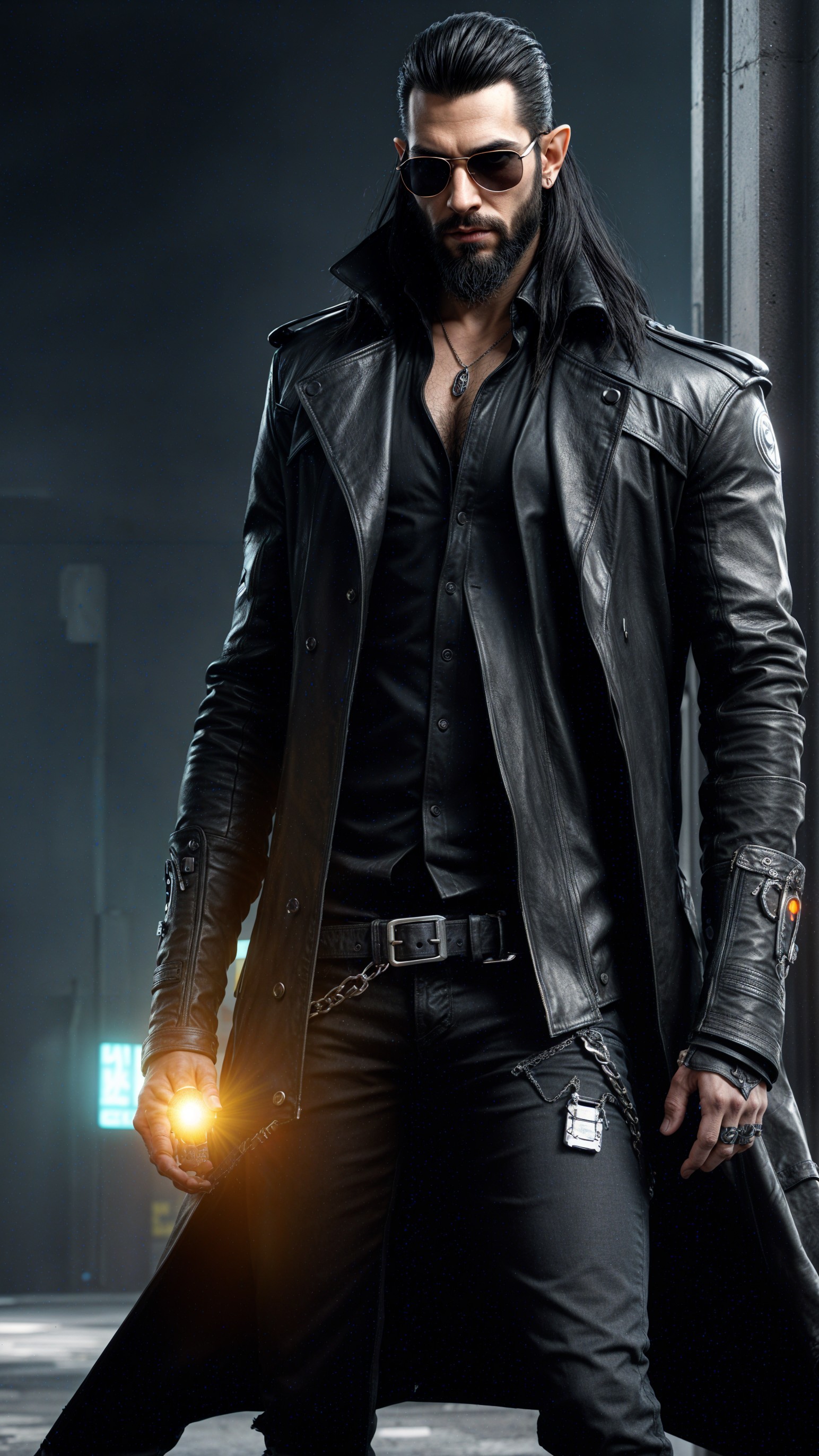 Stylish Figure in Dark Industrial Setting with Glow